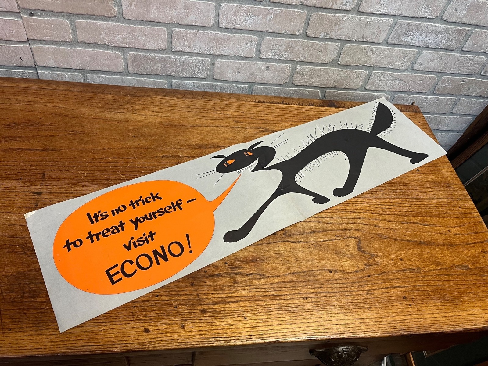 Vintage 1950s Halloween Trick or Treat Advertising Sign Banner Black Cat Econo G Vintage 1950s Halloween Trick or Treat Advertising Sign Banner Black Cat Econo G