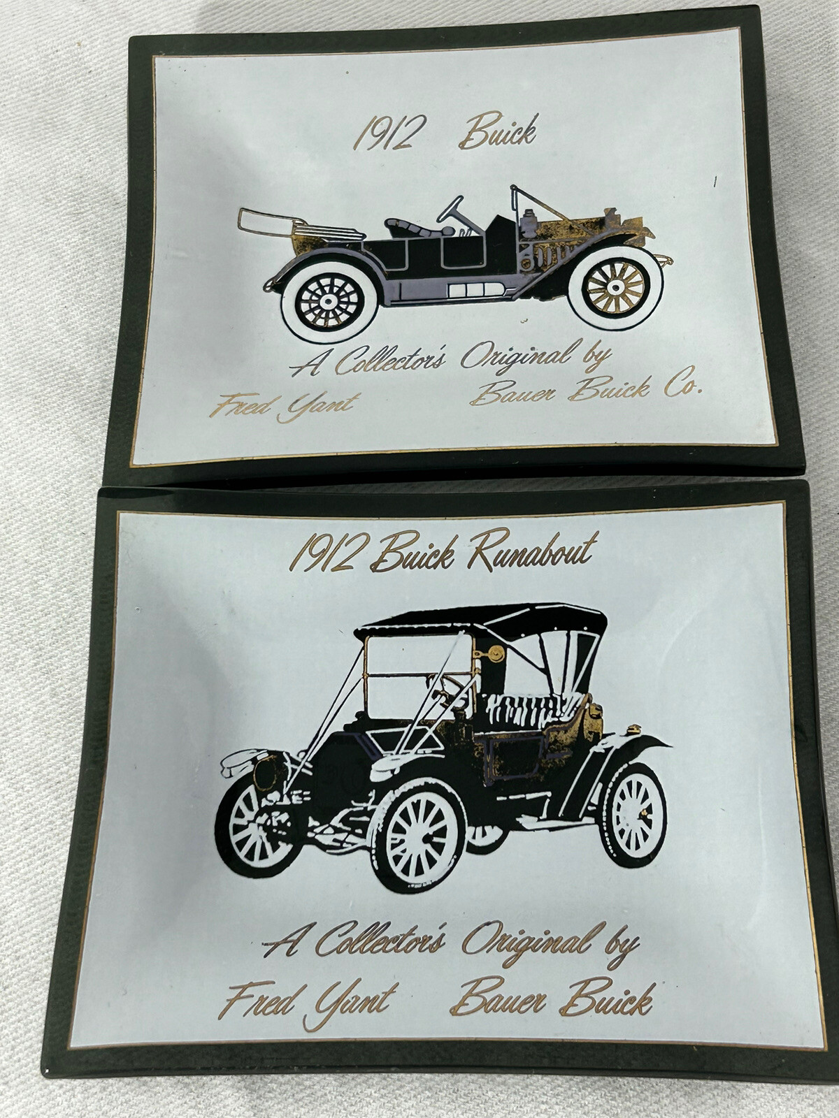 Lot Of 2 1912 Fred Yant Bauer Buick Ash Trays Runabout & Touring Lot Of 2 1912 Fred Yant Bauer Buick Ash Trays Runabout & Touring