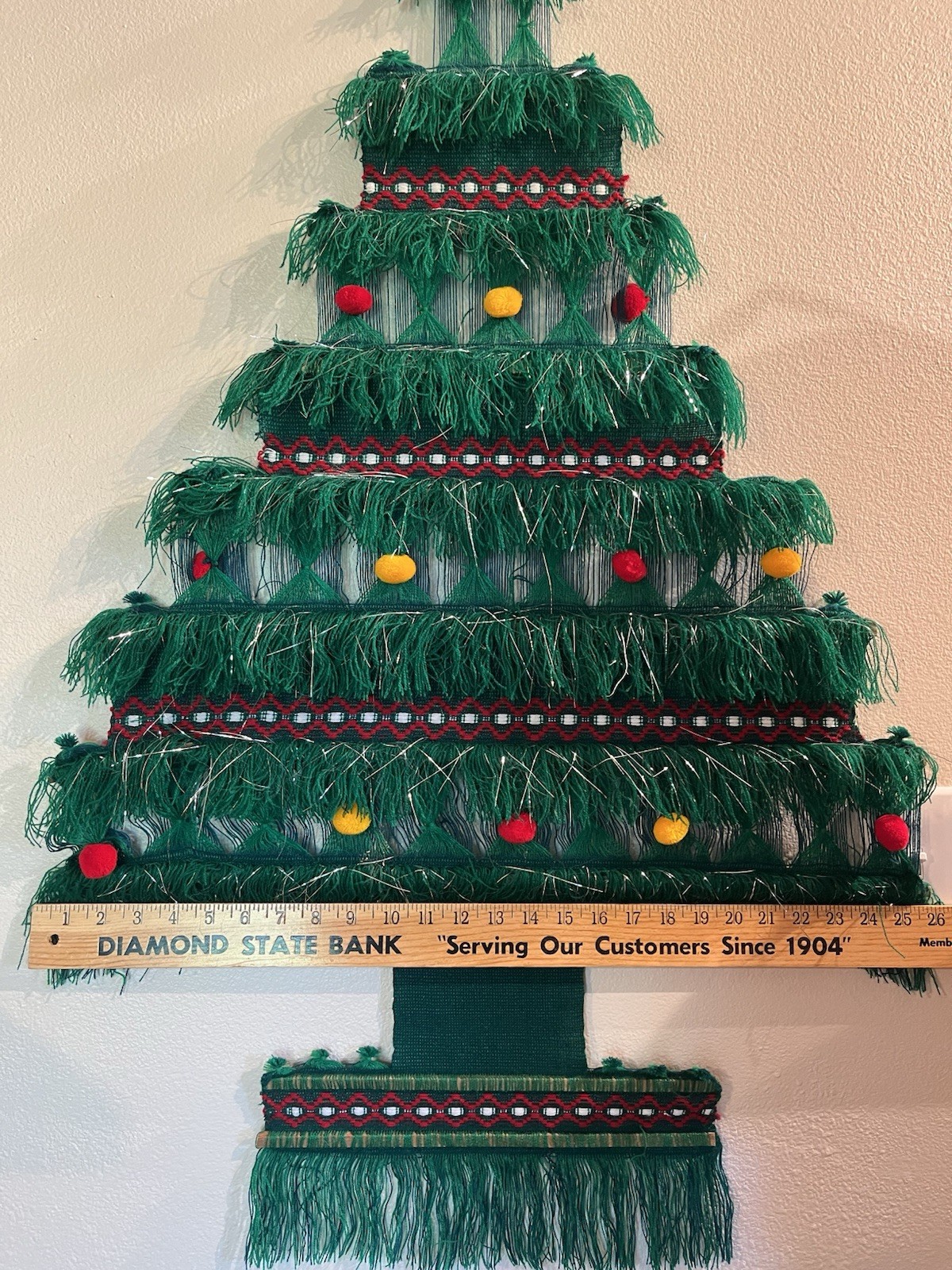 Vtg 70s Large Woven Christmas Tree Wall Hanging Pom Pom tinsel  Tinsel 26” x 42”