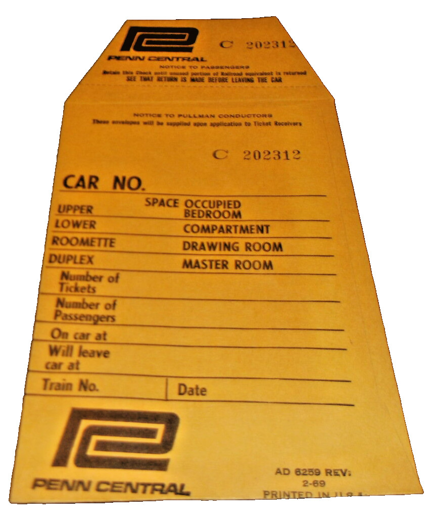 FEBRUARY 1969 PENN CENTRAL AD-6259 PULLMAN TICKET ENVELOPE FEBRUARY 1969 PENN CENTRAL AD-6259 PULLMAN TICKET ENVELOPE
