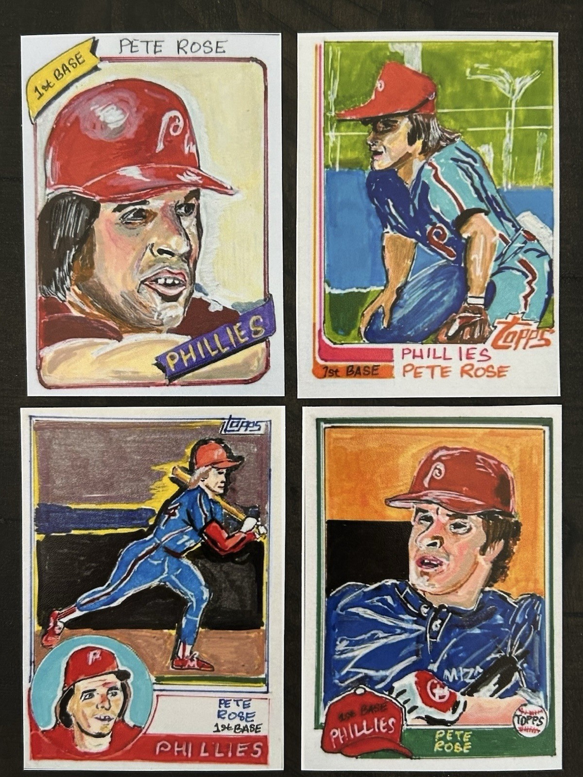 ACEO Sketch Trading Print Card Pete Rose Philadelphia Phillies Tribute 4 Lot Art