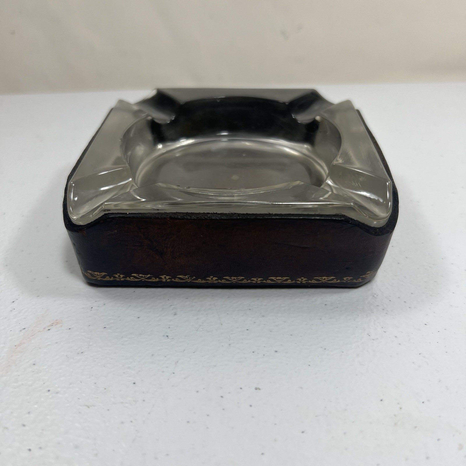 Vintage Made In Italy Leather Wrapped Glass Ashtray 4.5” MCM Cigar Cigarette Bar Vintage Made In Italy Leather Wrapped Glass Ashtray 4.5” MCM Cigar Cigarette Bar