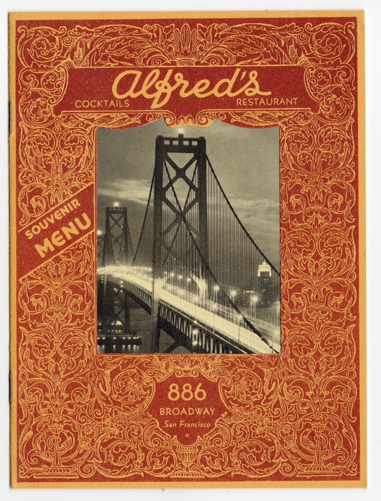Vintage 1966 Alfred's Restaurant Souvenir Menu San Francisco Bay Bridge Postcard Vintage 1966 Alfred's Restaurant Souvenir Menu San Francisco Bay Bridge Postcard