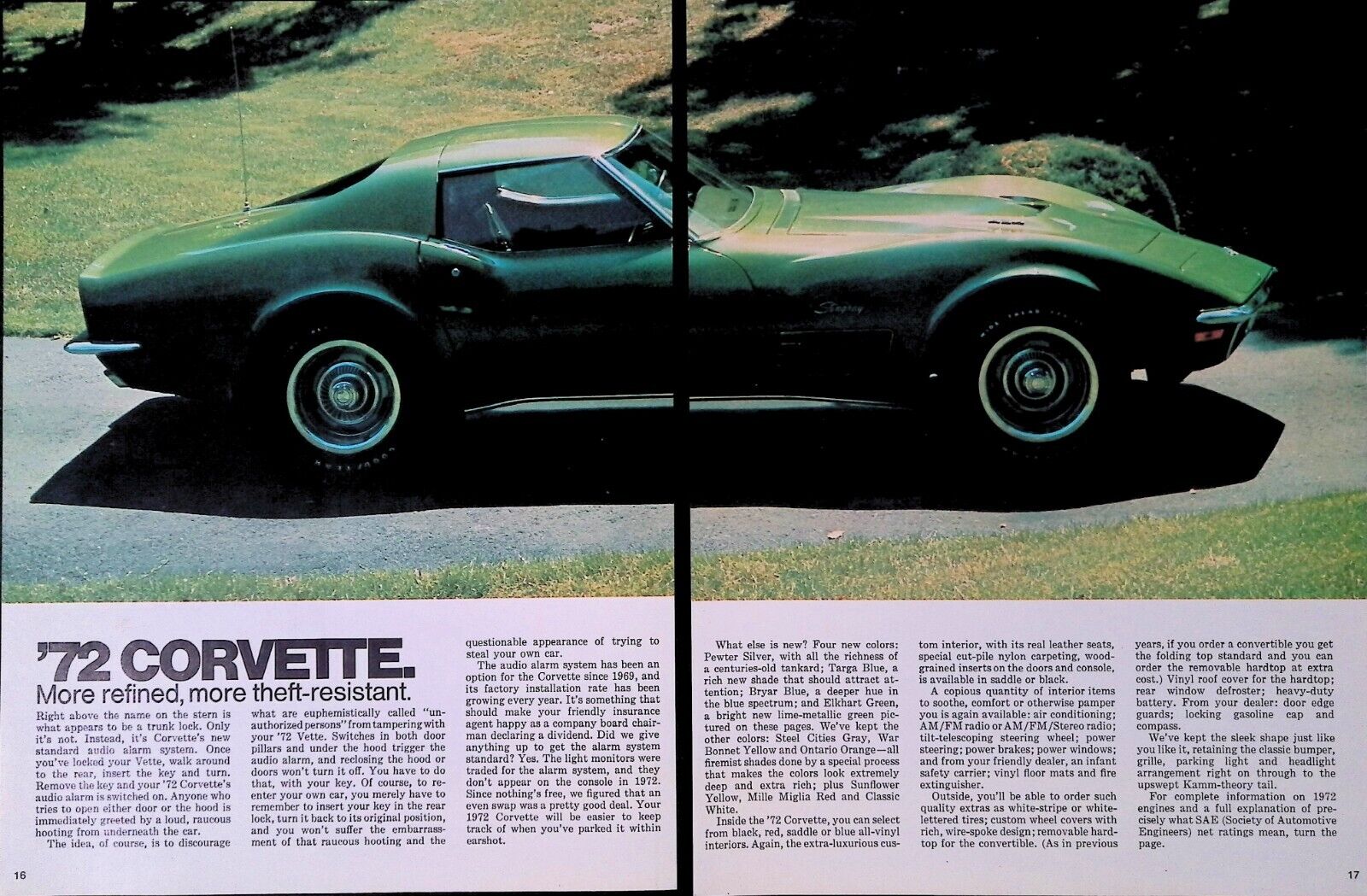 1972 Green Corvette Centerfold 16X11 Advertisement Page 1970S Vtg Print Ad