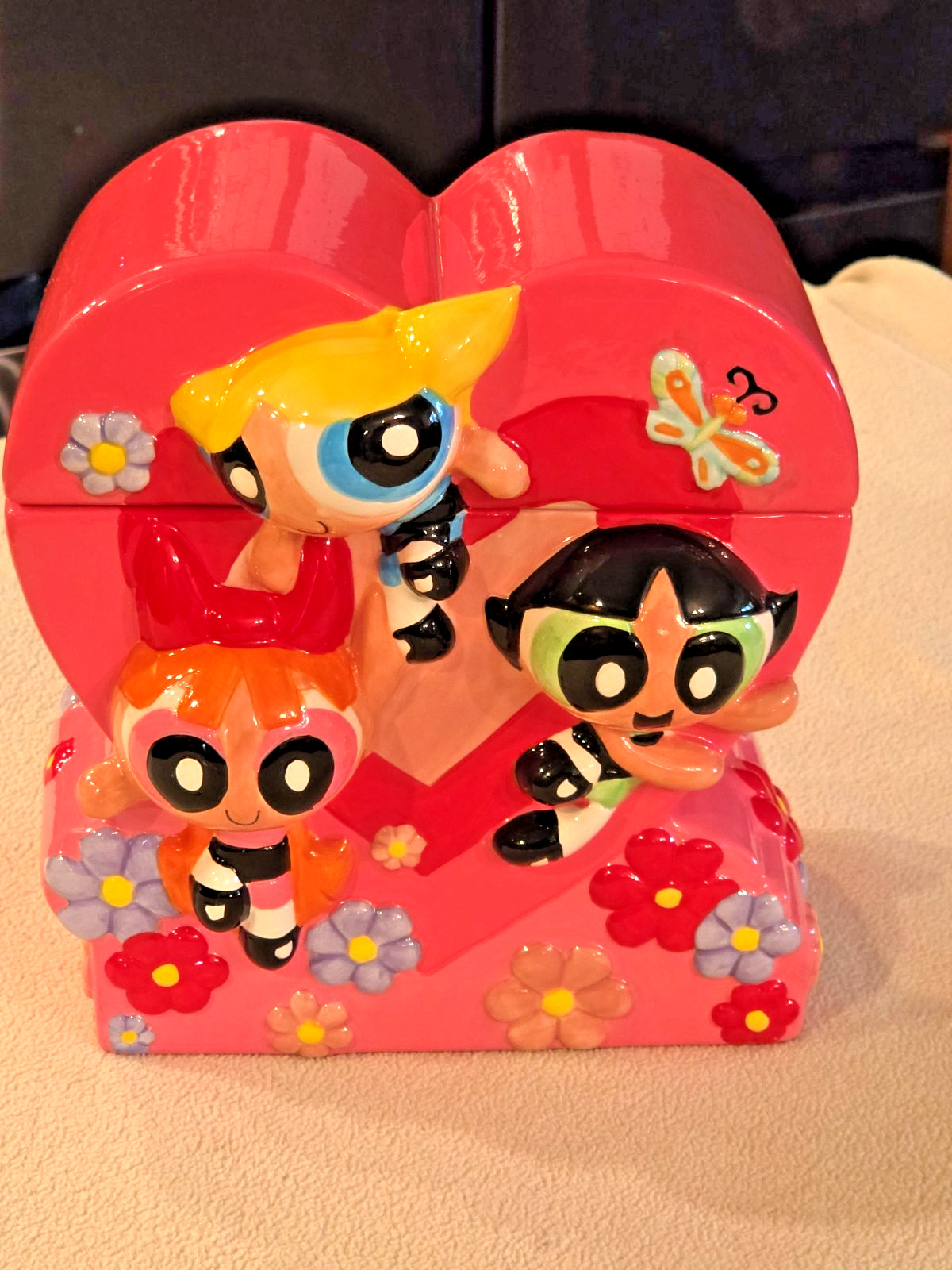 Vintage 2001 Powerpuff Girls Ceramic Heart Cookie Jar Zak Designs Warner Bros WB Vintage 2001 Powerpuff Girls Ceramic Heart Cookie Jar Zak Designs Warner Bros WB