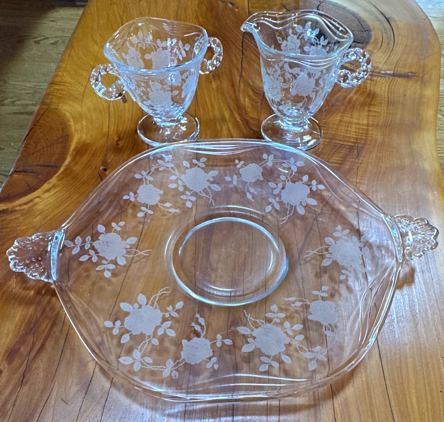 Vintage Etched Rose Glass Creamer Sugar Bowl Serving Tray 3 Piece Set