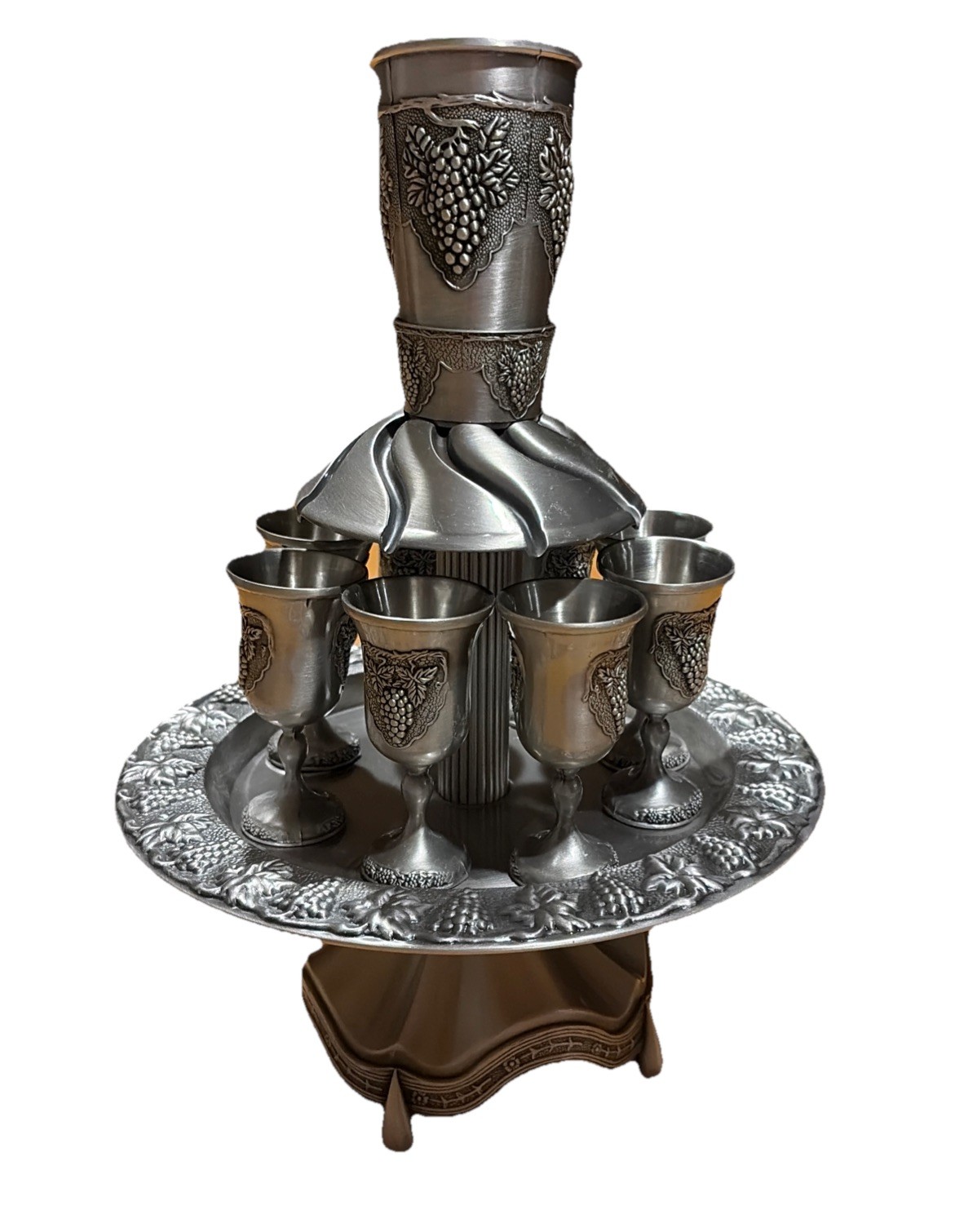 Judaica Pewter Wine Fountain Complete With 8 Cups Grape Design NEW High Holy Day