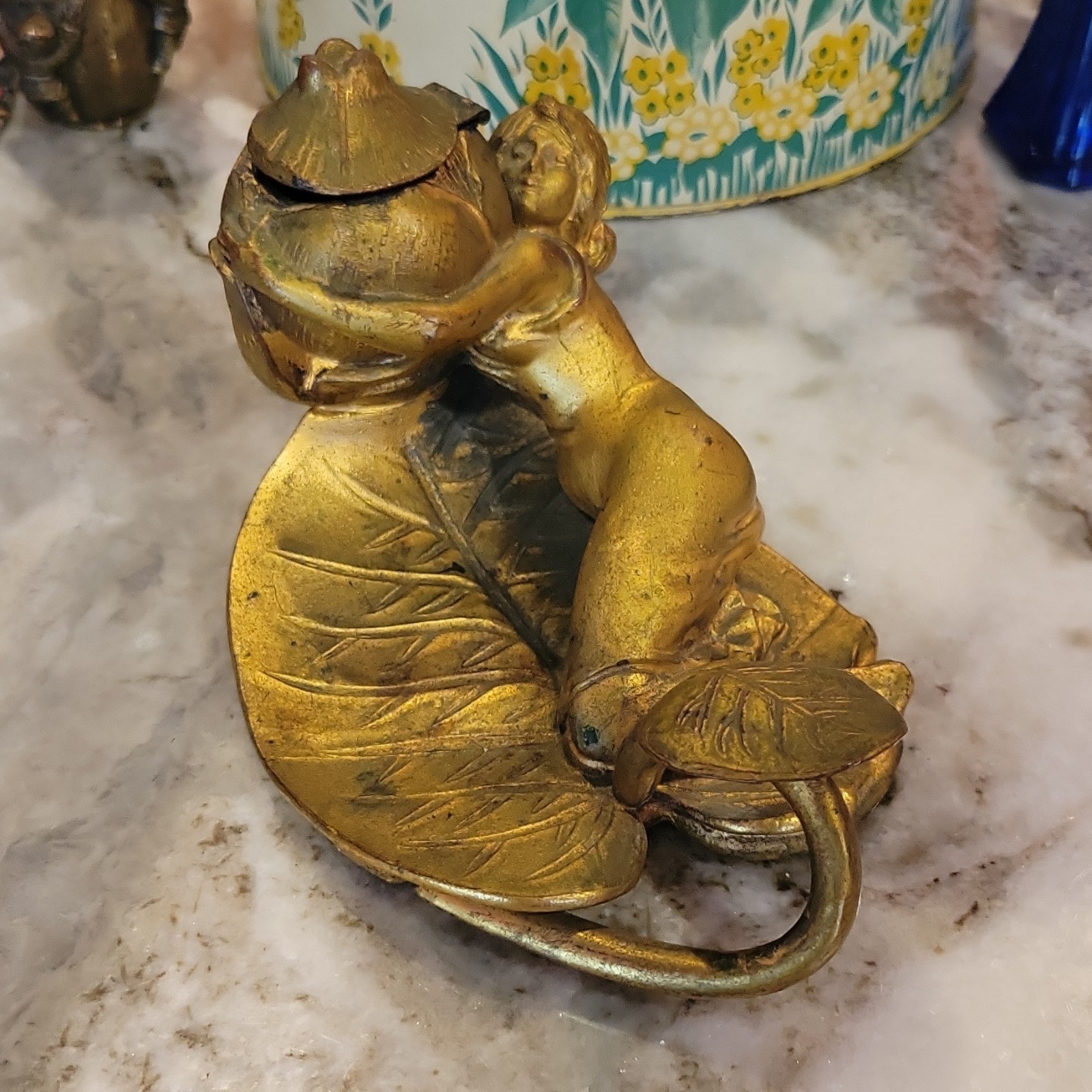 Antique Art Nouveau Figural Lady Bronze Gilded Chamberstick Candle Stick Lidded Antique Art Nouveau Figural Lady Bronze Gilded Chamberstick Candle Stick Lidded