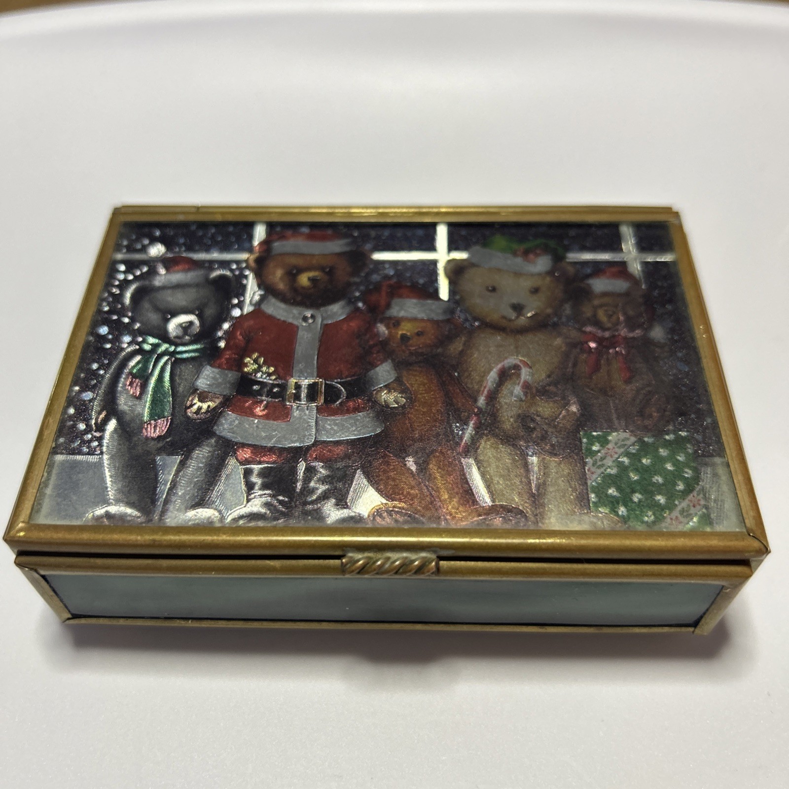 Vintage Via Vermont Ltd. Trinket Box Stained Glass And Brass Holliday Bears