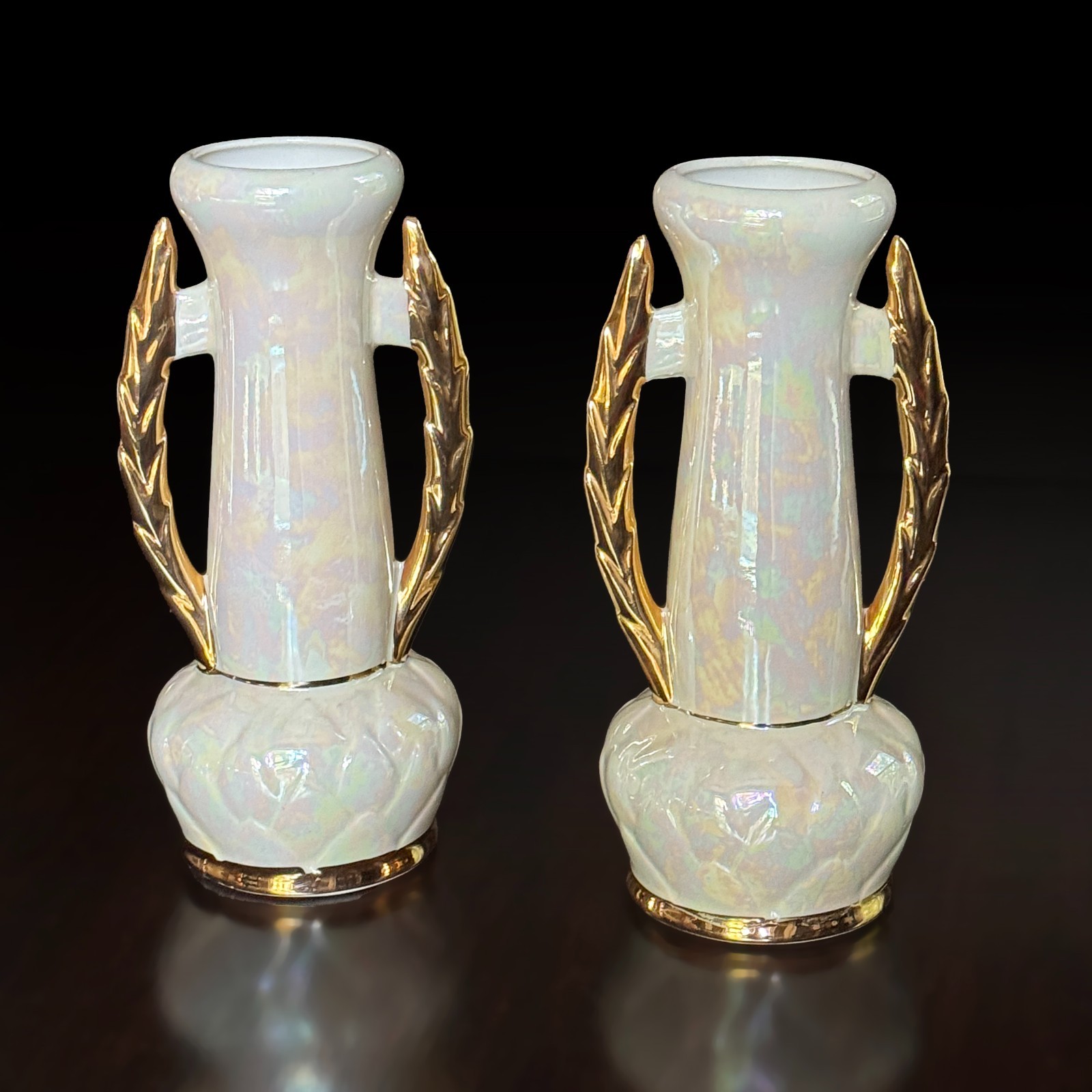 Pair Vintage Hollywood Regency Lusterware Ceramic 9\ Pair Vintage Hollywood Regency Lusterware Ceramic 9\