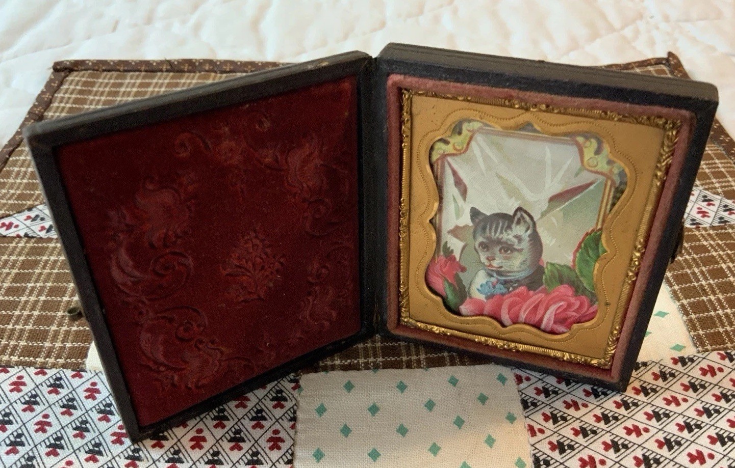 Antique Victorian Trade Card Ephemera Framed, Full Union Case, Kitty Cat