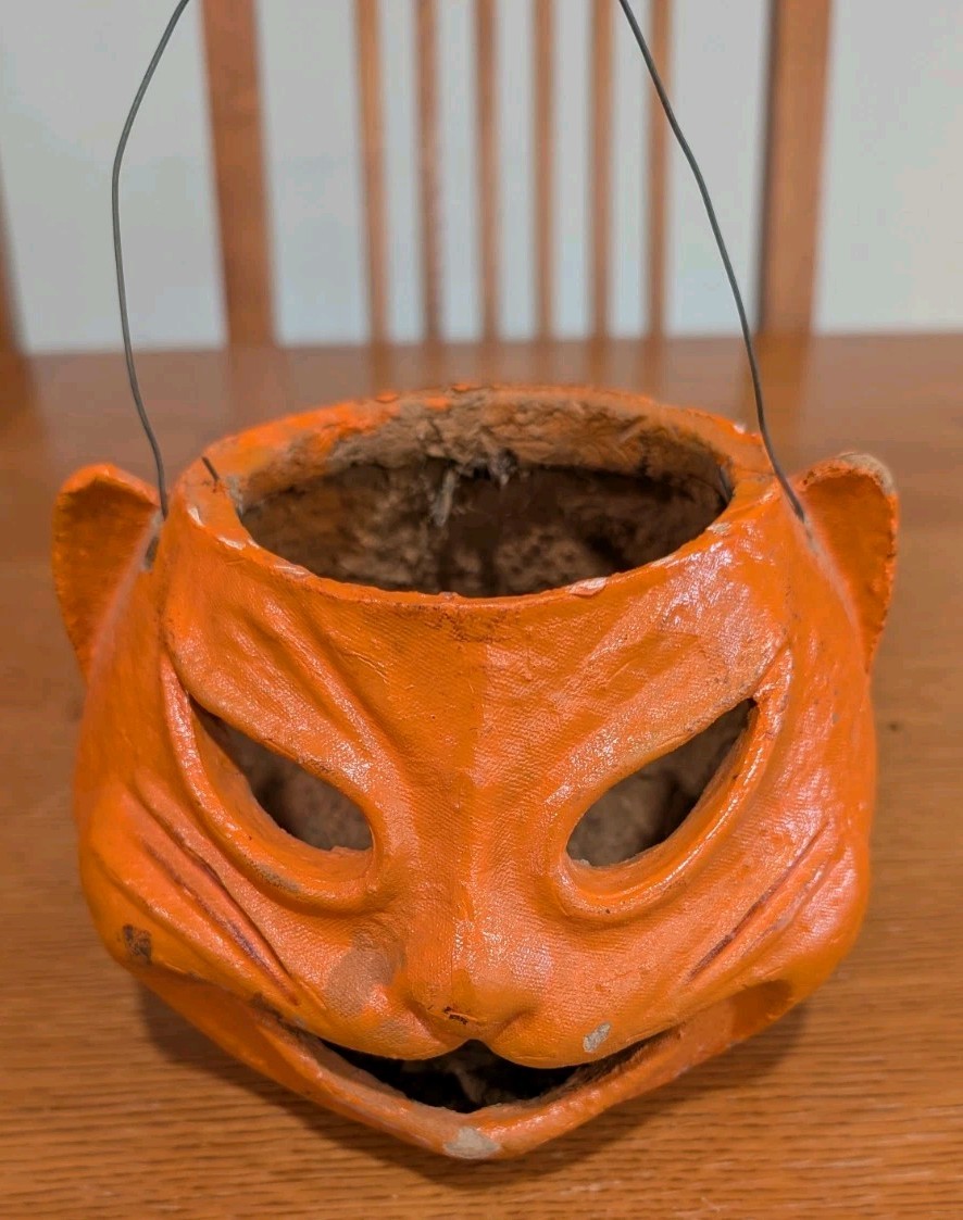 Vintage Antique 1940's Halloween Orange Cat Paper Mache Jack-O-Lantern 