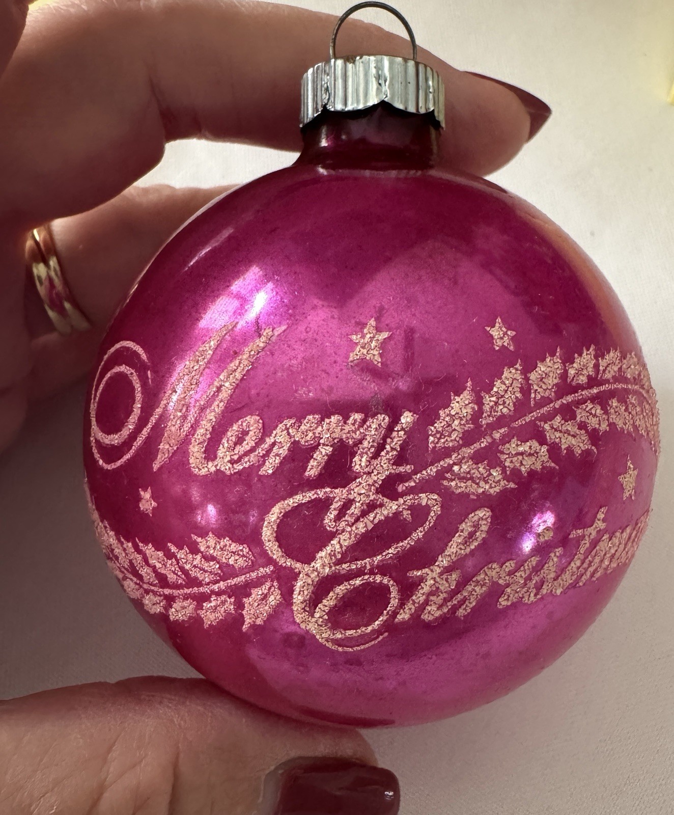 Shiny Brite Pink Merry Christmas Stenciled Glass Ornament 3\ Shiny Brite Pink Merry Christmas Stenciled Glass Ornament 3\