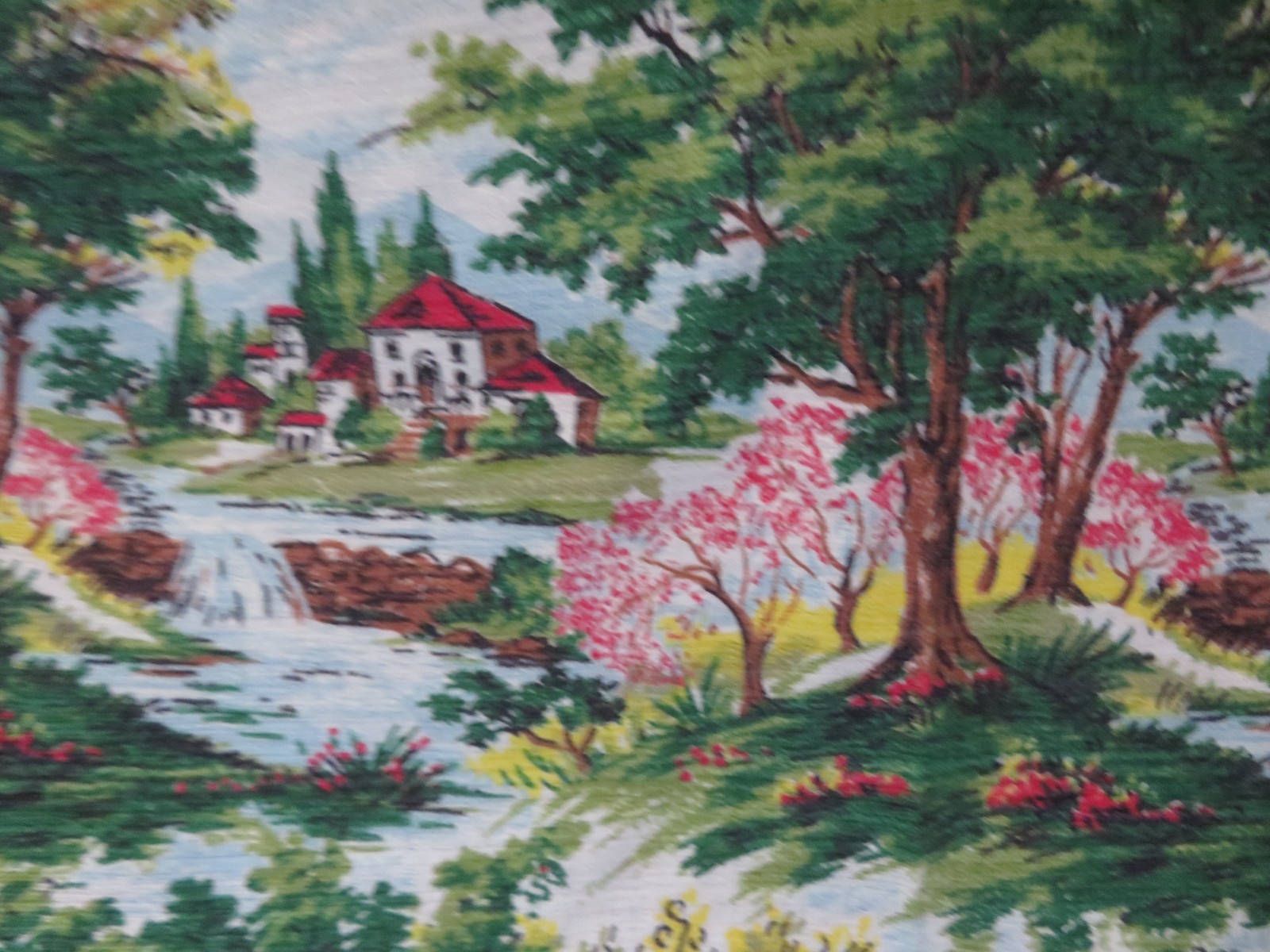 Vintage Grandma Moses esque Barkcloth Drapery Fabric Never Used Scenic Fabric