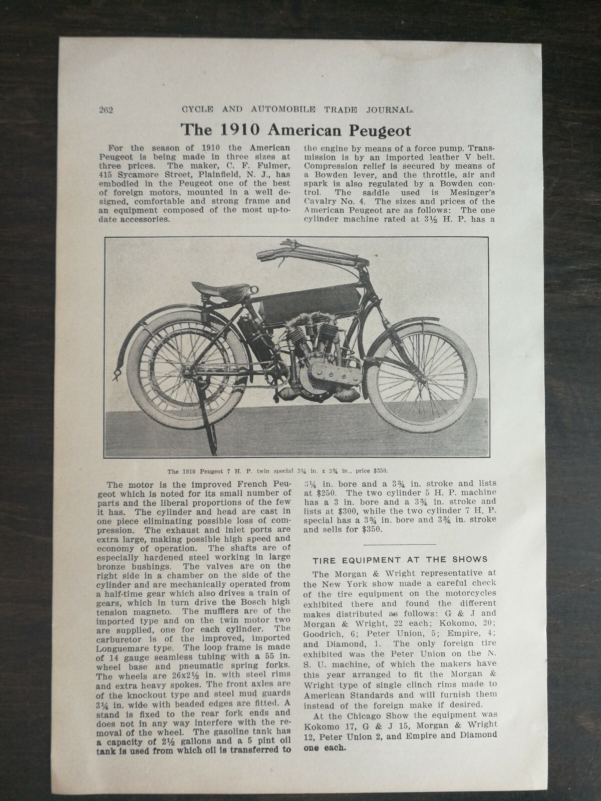 Vintage 1910 American Peugeot Motorcycle C.F. Fulmer Co Original Article 1221 Vintage 1910 American Peugeot Motorcycle C.F. Fulmer Co Original Article 1221