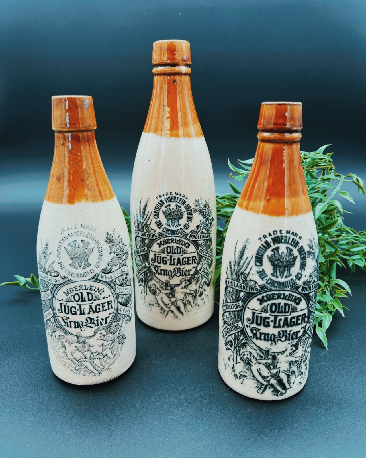 Vintage Moerlein's Old Jug Lager Stoneware Beer Bottles Lot of 3