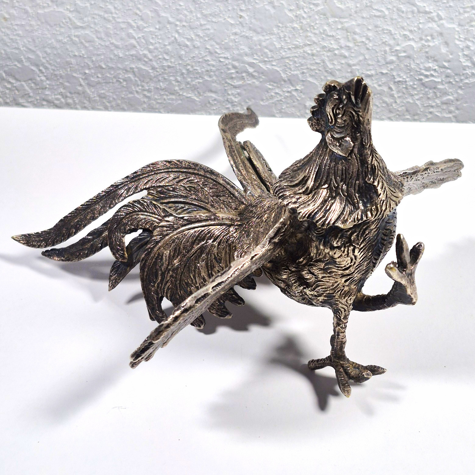 Vintage French Spelter Metal Fighting Rooster Statue Farmhouse White Metal 5 in