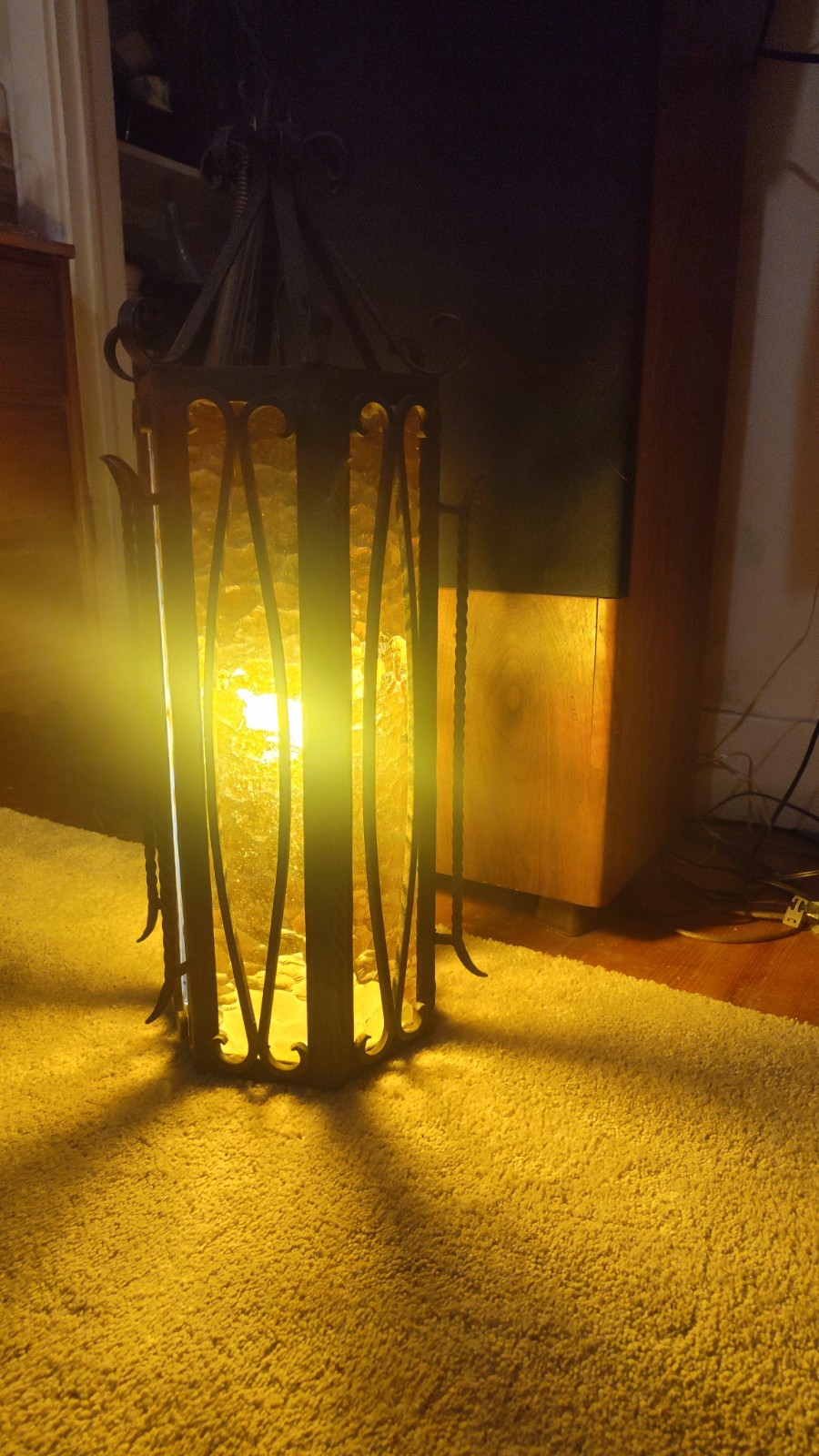 Vintage 26” Spanish Revival Wrought Iron Hanging Lantern Gothic Swag Amber Glass