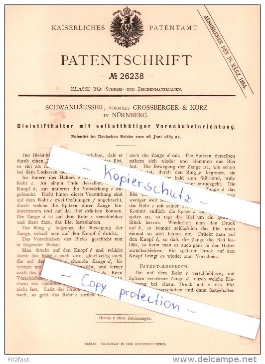 Original patent Schwanhäusser, formerly Grossberger & Kurz in Nuremberg, 1883, Original patent Schwanhäusser, formerly Grossberger & Kurz in Nuremberg, 1883,