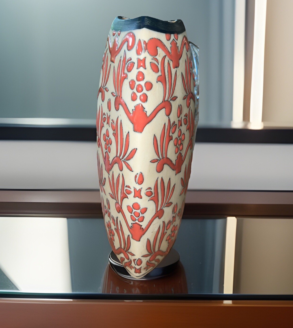 VTG Formalities Baum Bros VASE Orange Brocade Collection~3-Sided Triangular 11”