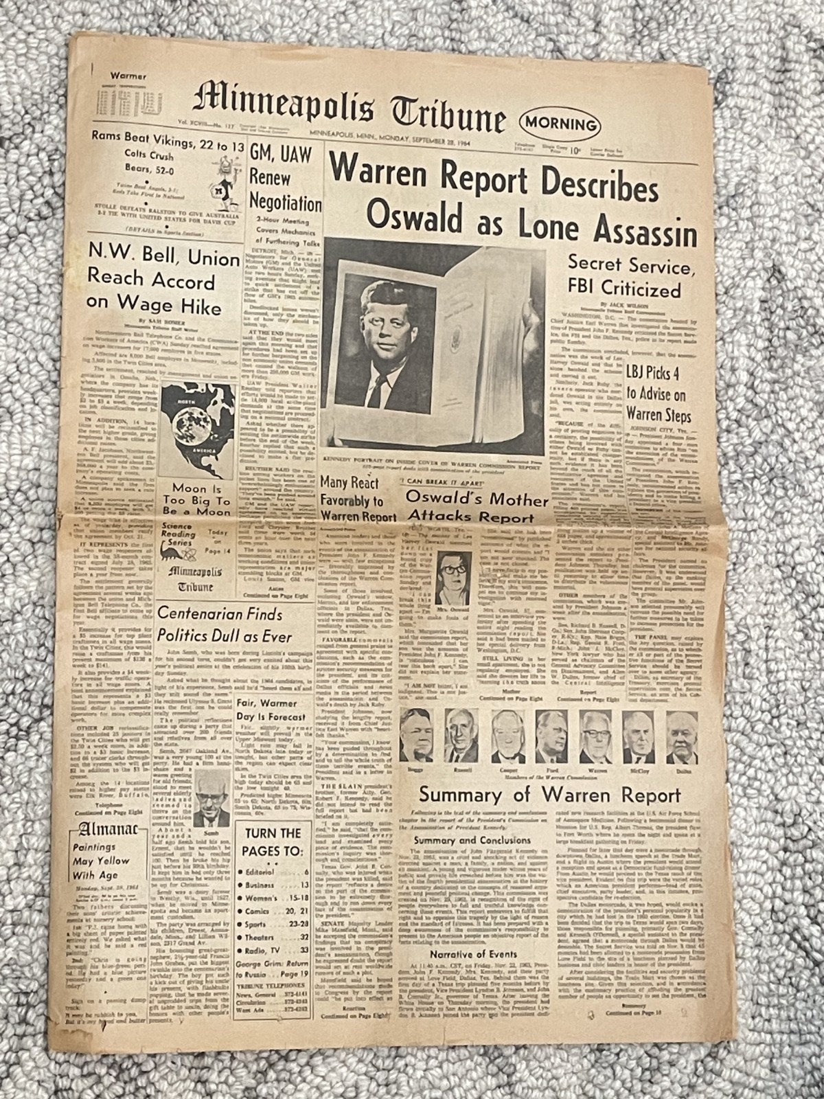 Vintage September 28 1964 Minneapolis Tribune Newspaper Section (7 Pages) JFK Wa