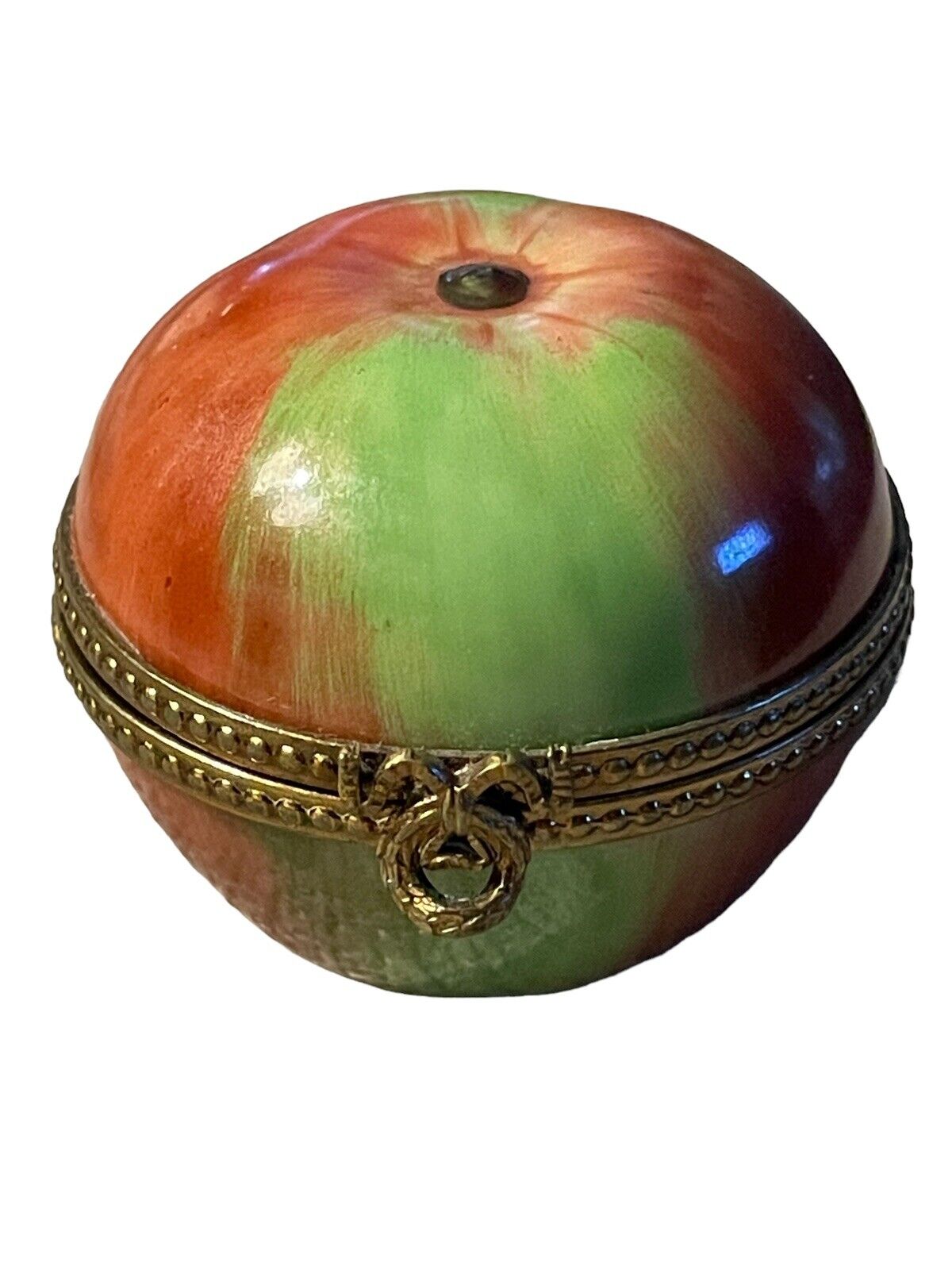 Vintage Limoges France Porcelain Apple Fruit Hinged Trinket Box Red Green