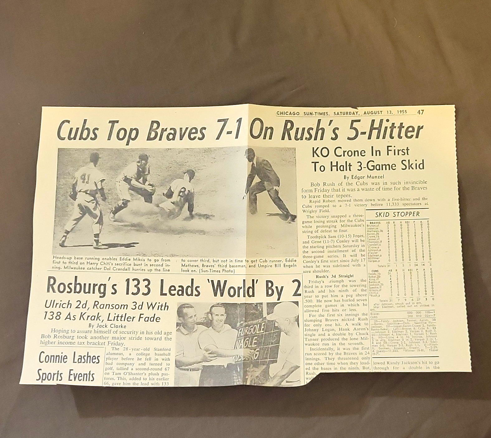 Chicago Sun-Times Aug 13 1955 Sports Page/Clipping Cubs Top Braves 7-1 Chicago Sun-Times Aug 13 1955 Sports Page/Clipping Cubs Top Braves 7-1