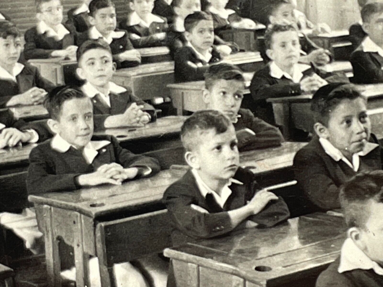 ZJ Photograph Group School Class Photo Boy Students Wood Desks 1940-50\'s