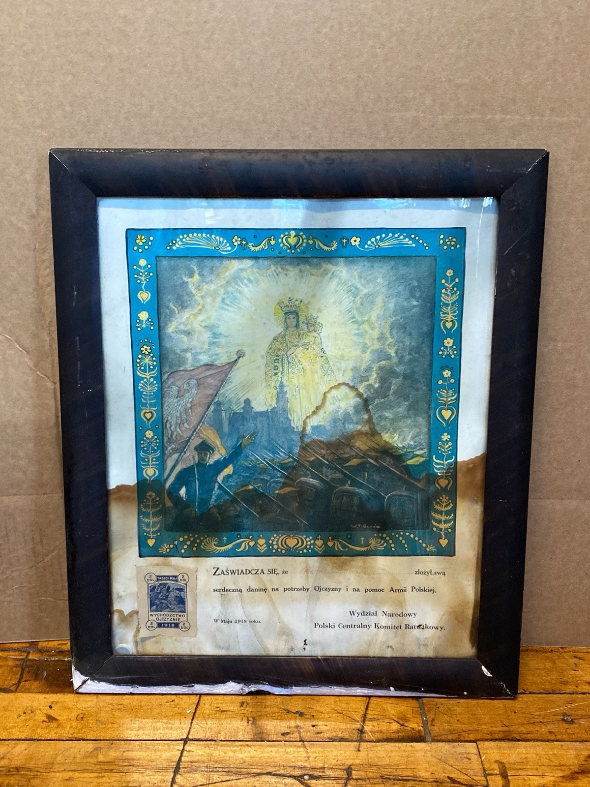 1918 WWI Polish Army Relief Donation Certificate WT Benda Madonna Framed Antique