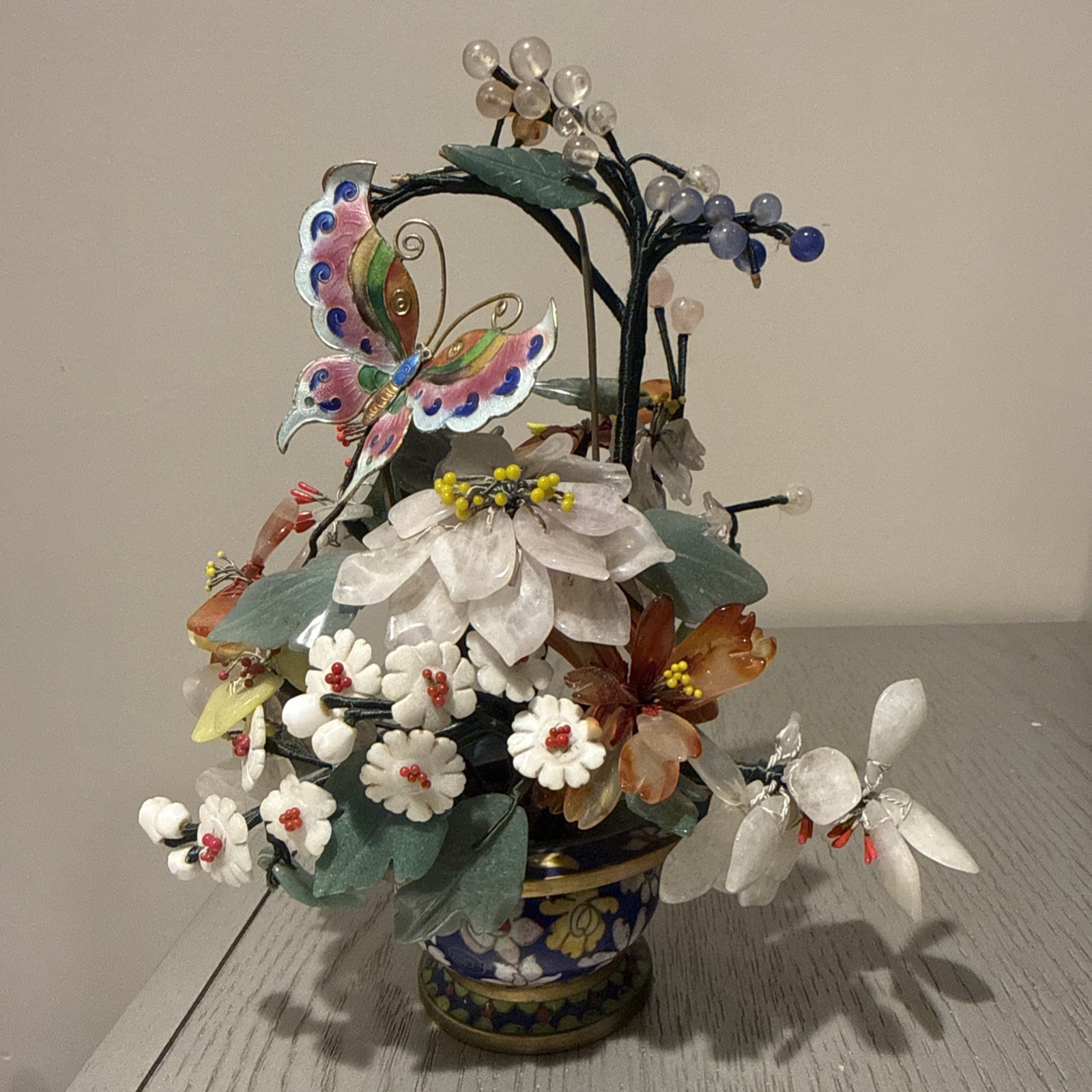 Vintage - Cloisonné Flower Basket With Carved Jade & Quartz, Gemstone Flowers & Vintage - Cloisonné Flower Basket With Carved Jade & Quartz, Gemstone Flowers &