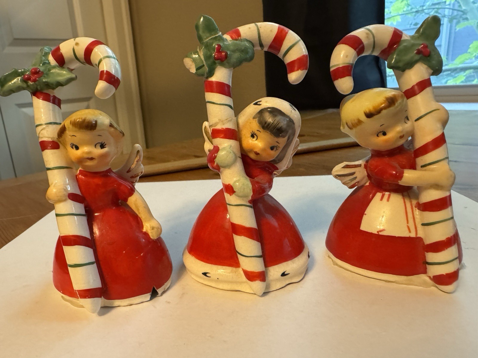 Vintage Napco Ceramic Christmas Angels With Candy Cane Bells Vintage Napco Ceramic Christmas Angels With Candy Cane Bells