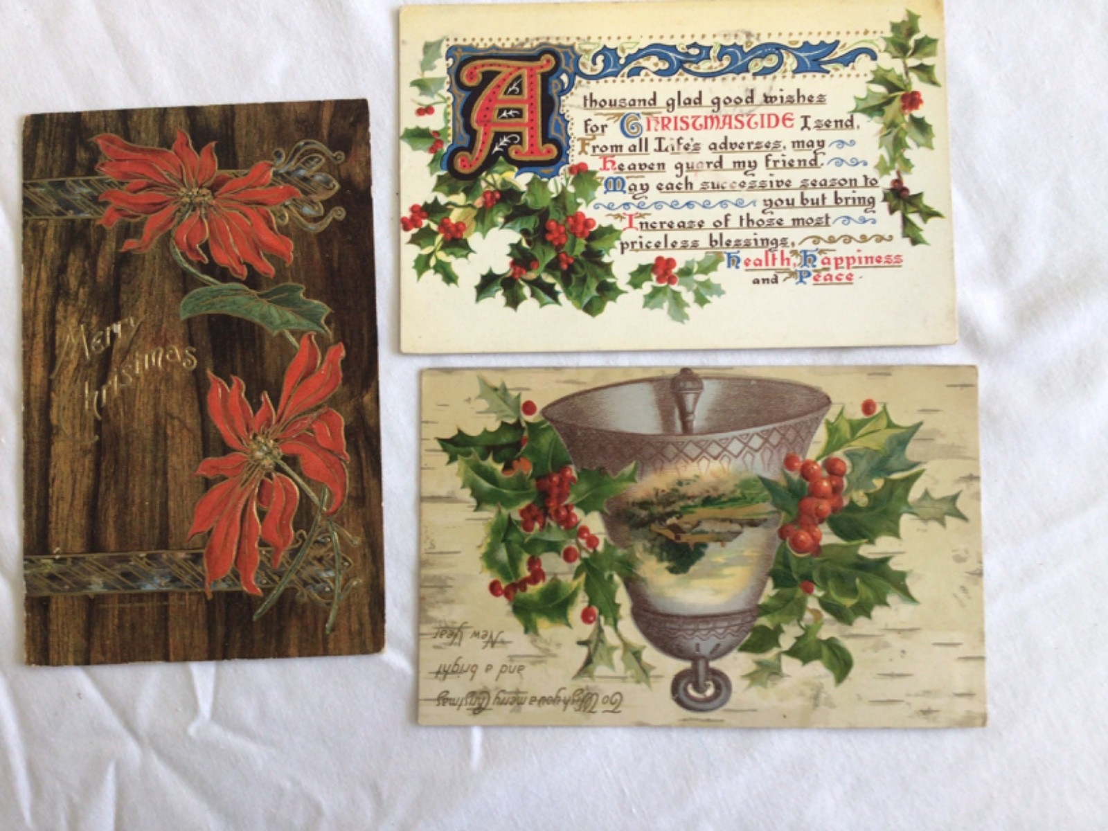Lot of 3 VINTAGE ANTIQUE CHRISTMAS POSTCARDS  Embossed 1907 & 1909  Used
