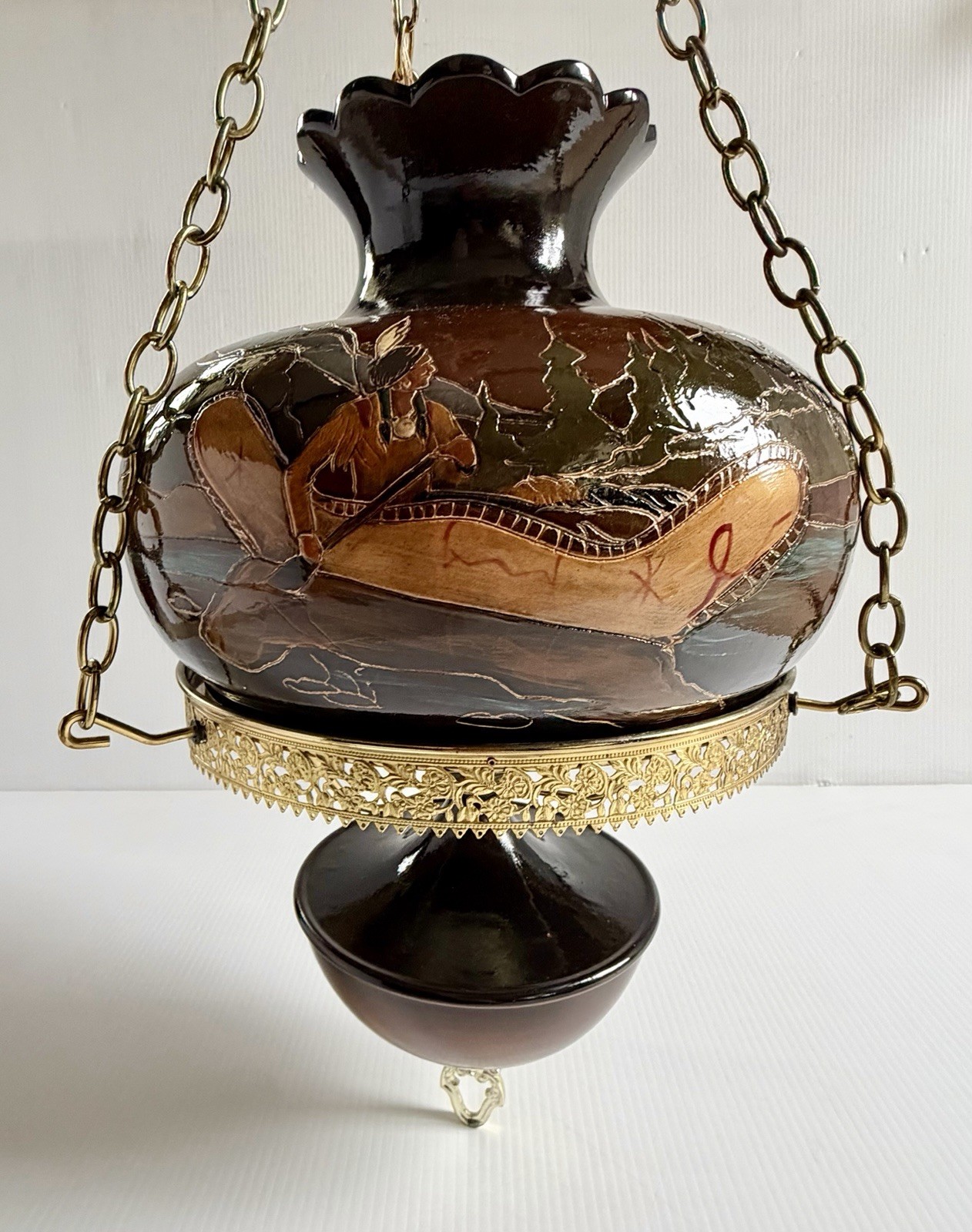 RARE Rick Wisecarver Wihoa’s Pottery Hanging Swag Lamp Indian In Canoe, Signed RARE Rick Wisecarver Wihoa’s Pottery Hanging Swag Lamp Indian In Canoe, Signed