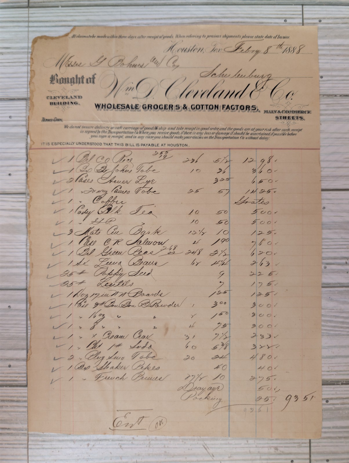 1888 Wm D Cleveland & Co Houston Wholesale Grocers Cotton Factors Invoice Salmon