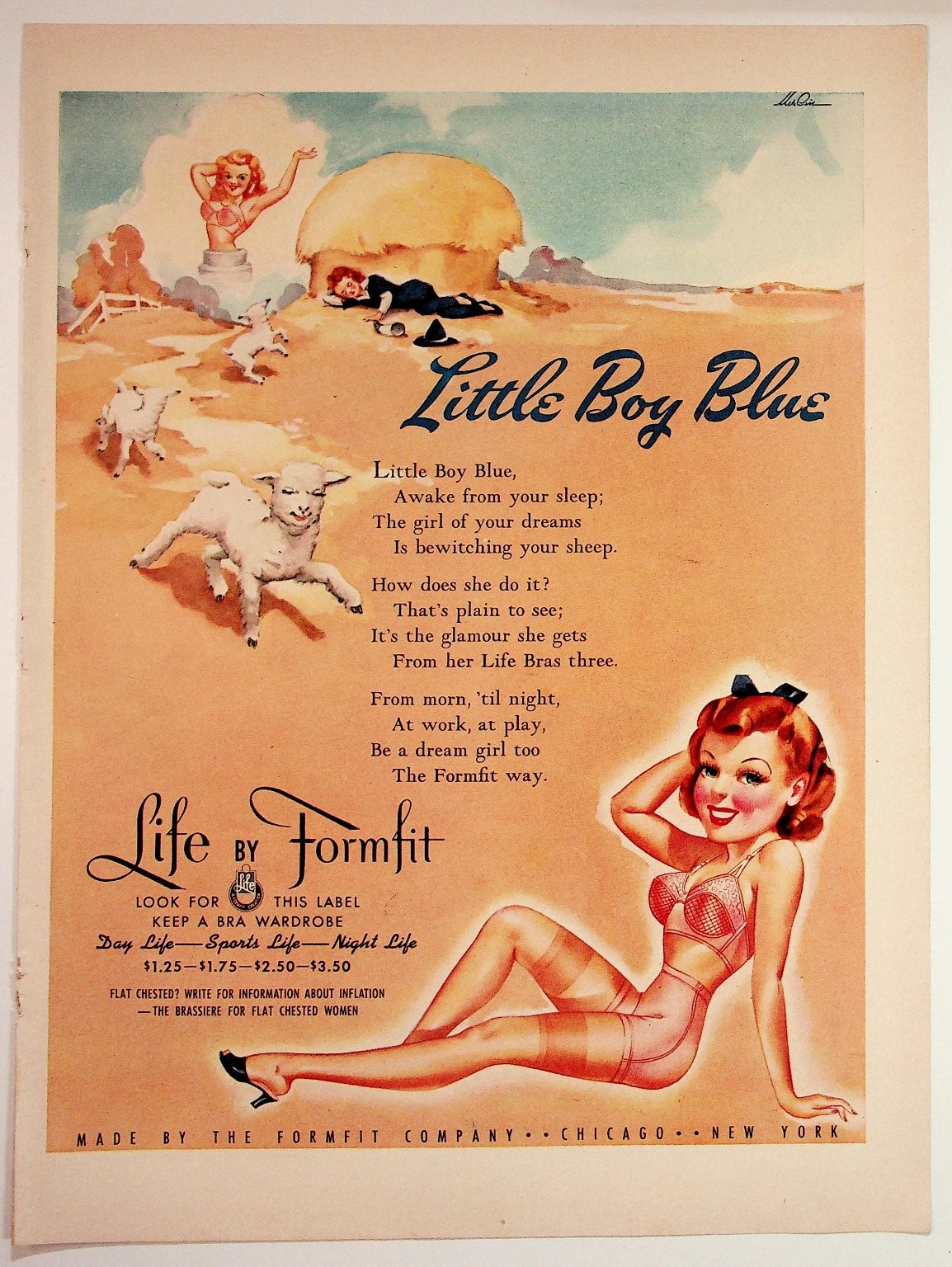 Vintage 1940s Formfit Lingerie Ad Pin Up Art Little Boy Blue Chicago NY Vintage 1940s Formfit Lingerie Ad Pin Up Art Little Boy Blue Chicago NY