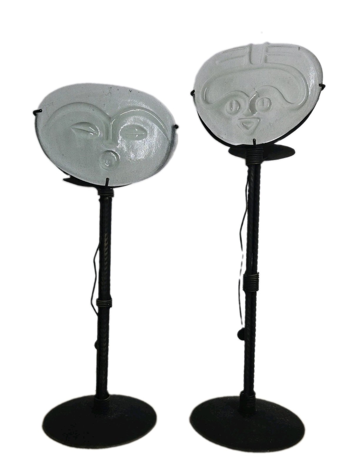 Vintage Pair Brutalist Glass Face Candle Holders - 90s Mexican Folk Art Vintage Pair Brutalist Glass Face Candle Holders - 90s Mexican Folk Art