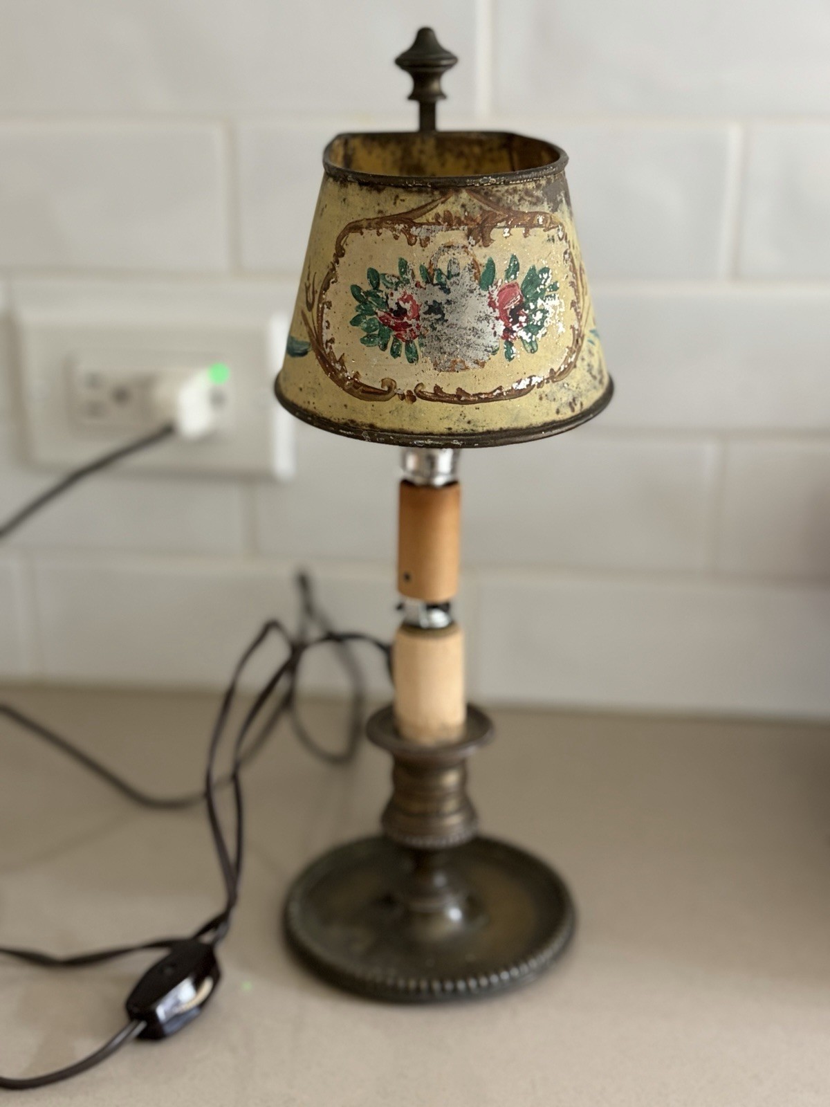 Antique 19thC French Hand Painted Tin Bouillotte Lamp Sold ‘as is’ but Working Antique 19thC French Hand Painted Tin Bouillotte Lamp Sold ‘as is’ but Working