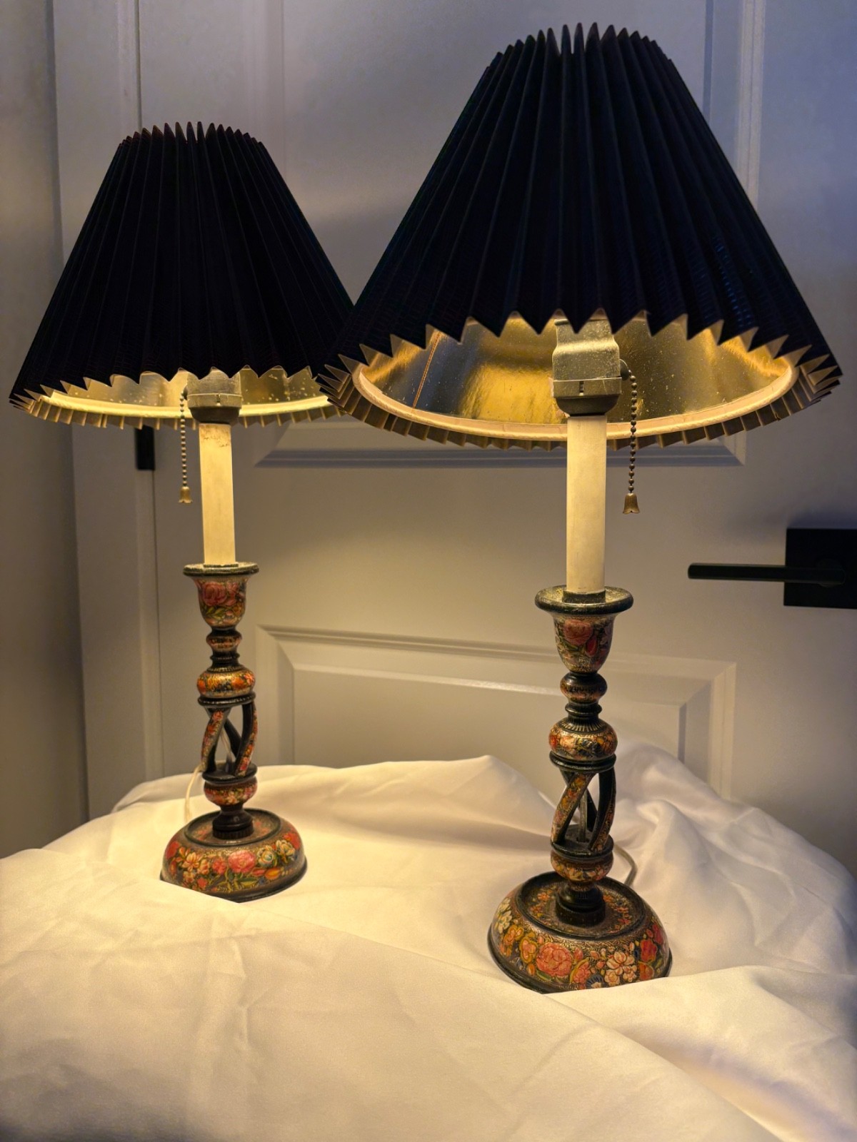 Pair Vintage Kashmiri Hand-Painted Papier-Mâché Candlestick Lamps w/ Black Pleat Pair Vintage Kashmiri Hand-Painted Papier-Mâché Candlestick Lamps w/ Black Pleat