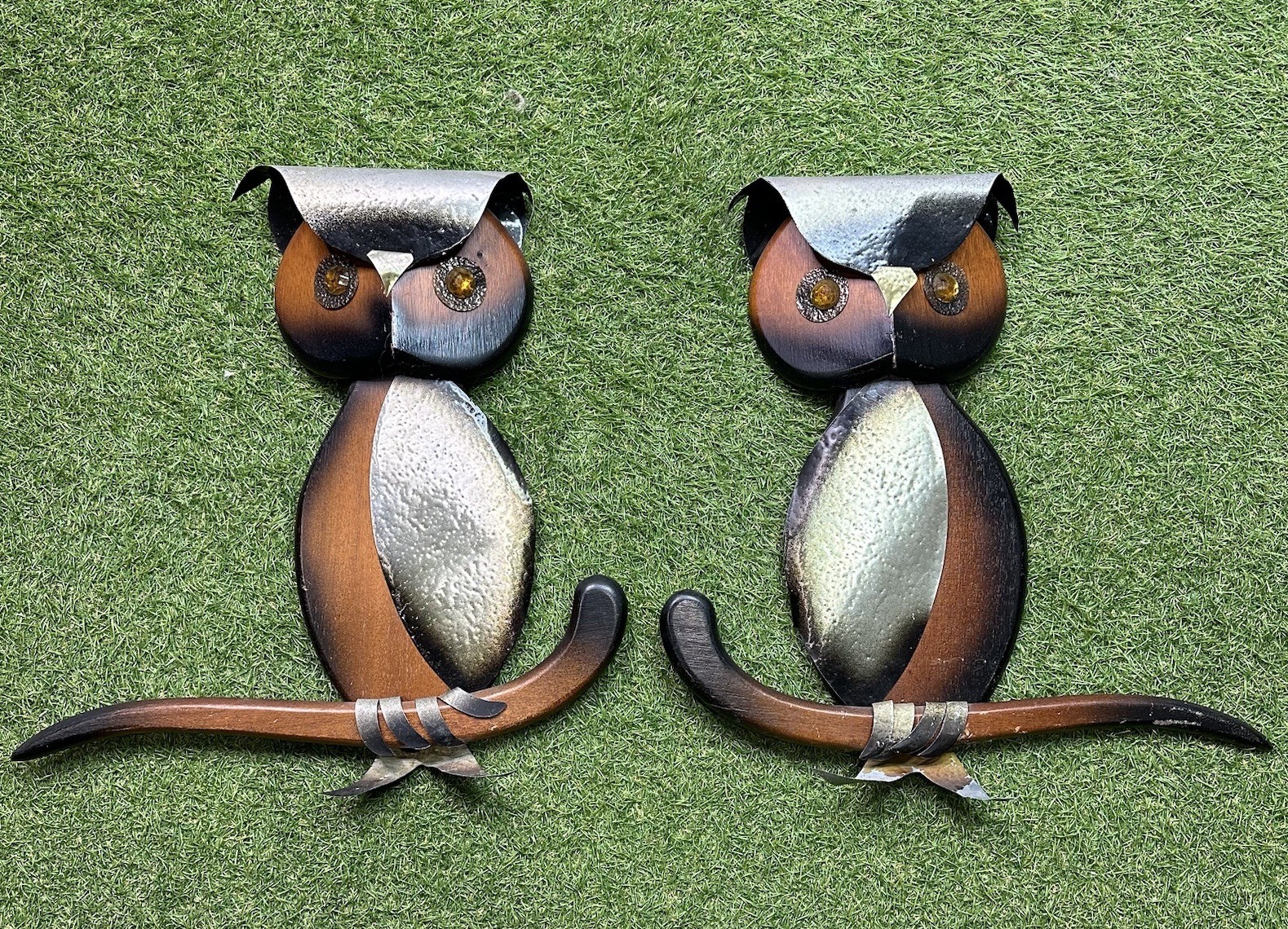 MCM 2 Mid Century Modern Vintage Owls Wood & Metal Wall Art Hanging Decor VHTF