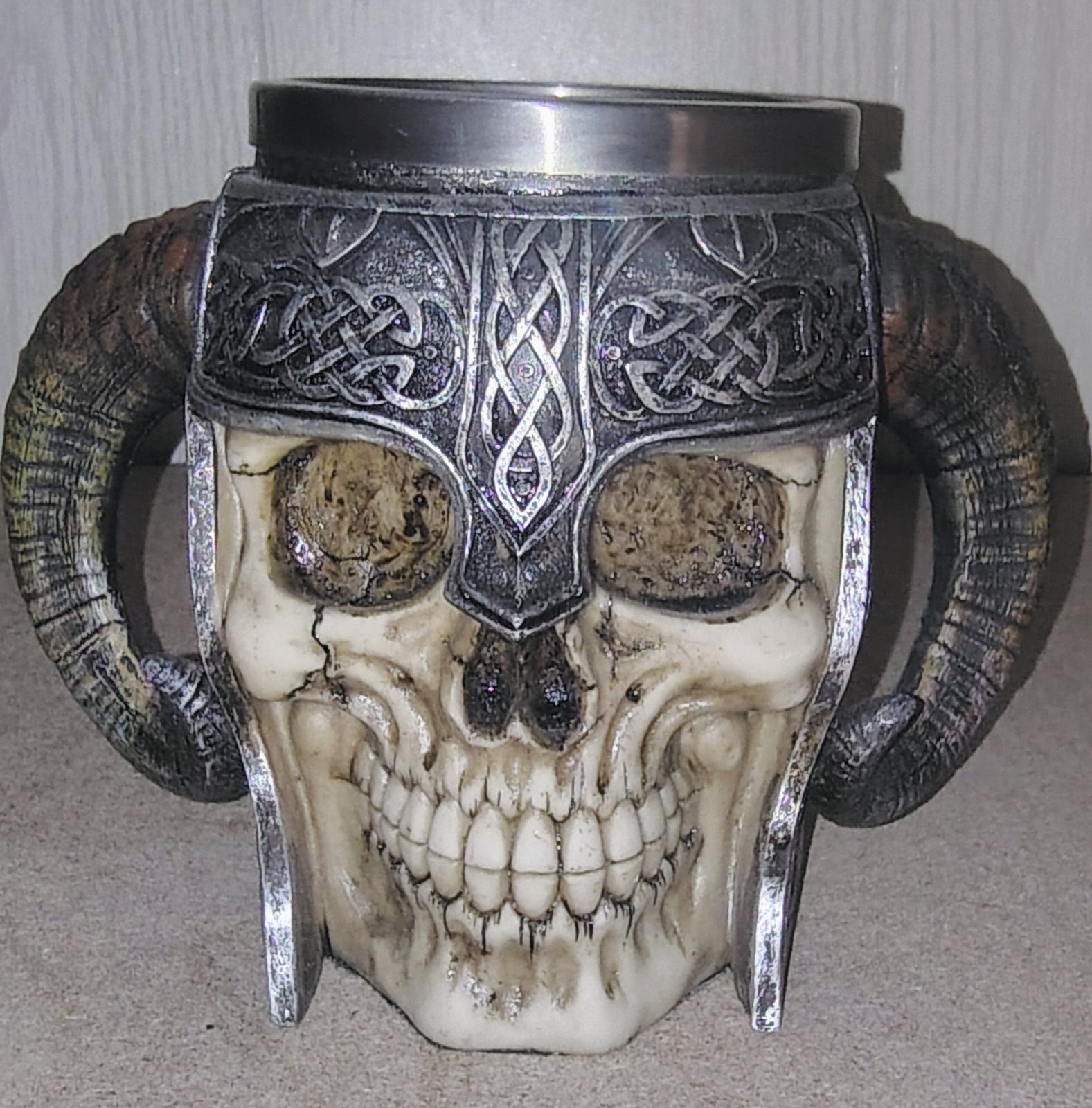 Viking Ram Horned Warrior Skull Battle Helmet Beer Stein Tankard Metal Insert