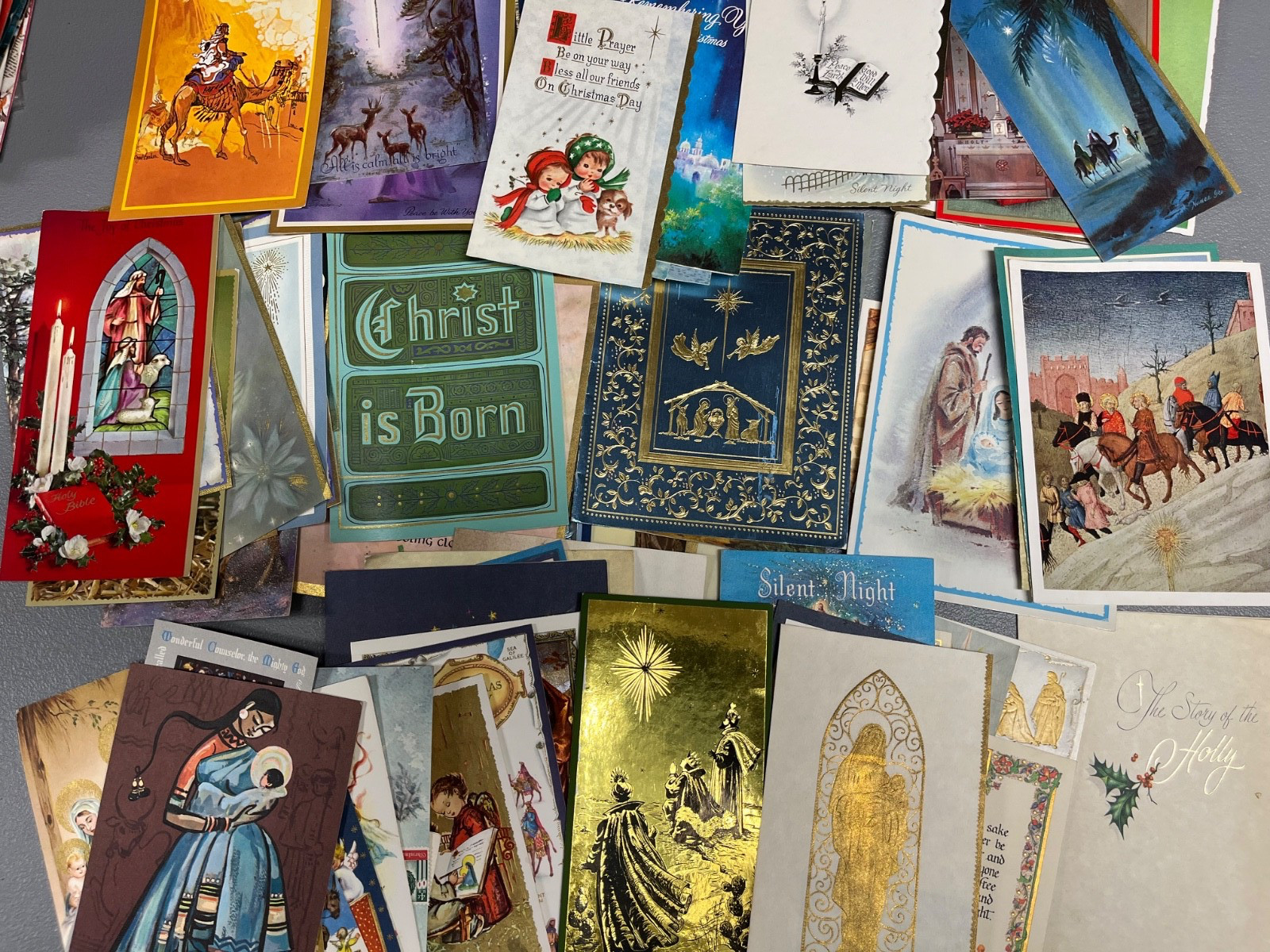 lot of 100 Vintage Christmas Greeting Cards Religious 1940s-1960s MID CENTURY