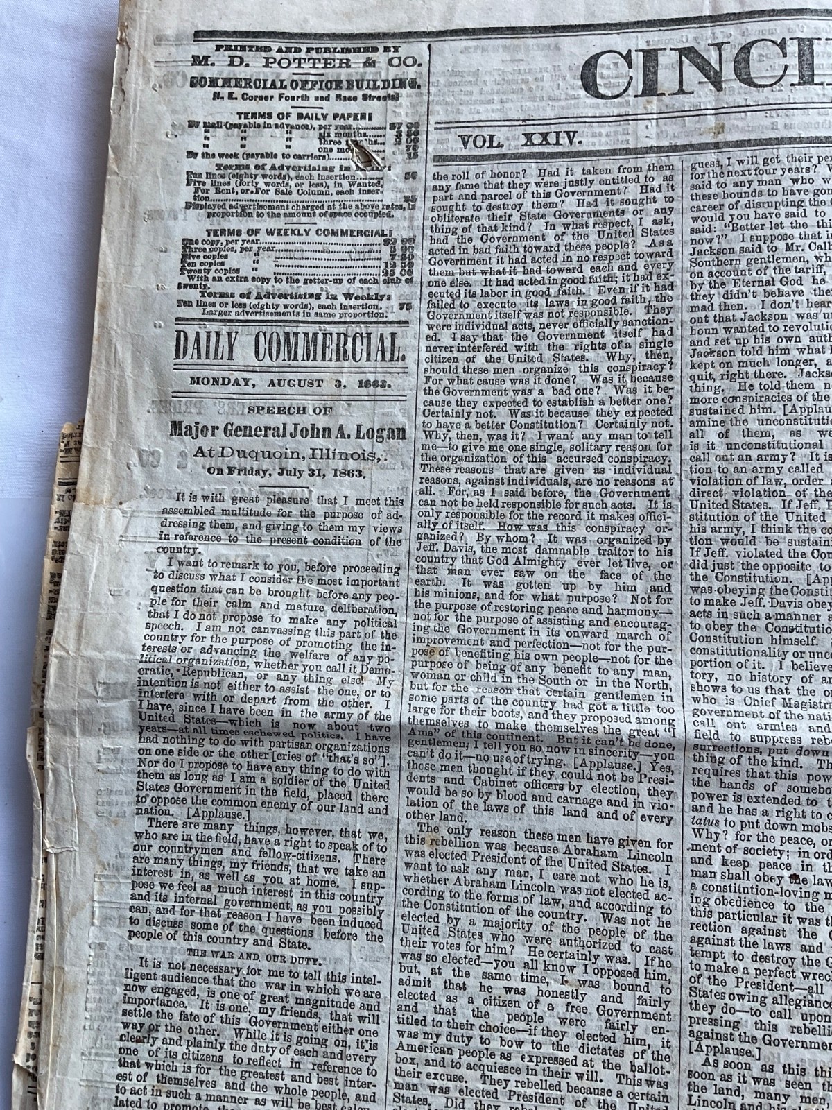 CIVIL WAR NEWS GENERAL JOHN LOGAN’S SPEECH DUQOIN ILLINOIS DAILY COMMERCIAL 1863 CIVIL WAR NEWS GENERAL JOHN LOGAN’S SPEECH DUQOIN ILLINOIS DAILY COMMERCIAL 1863