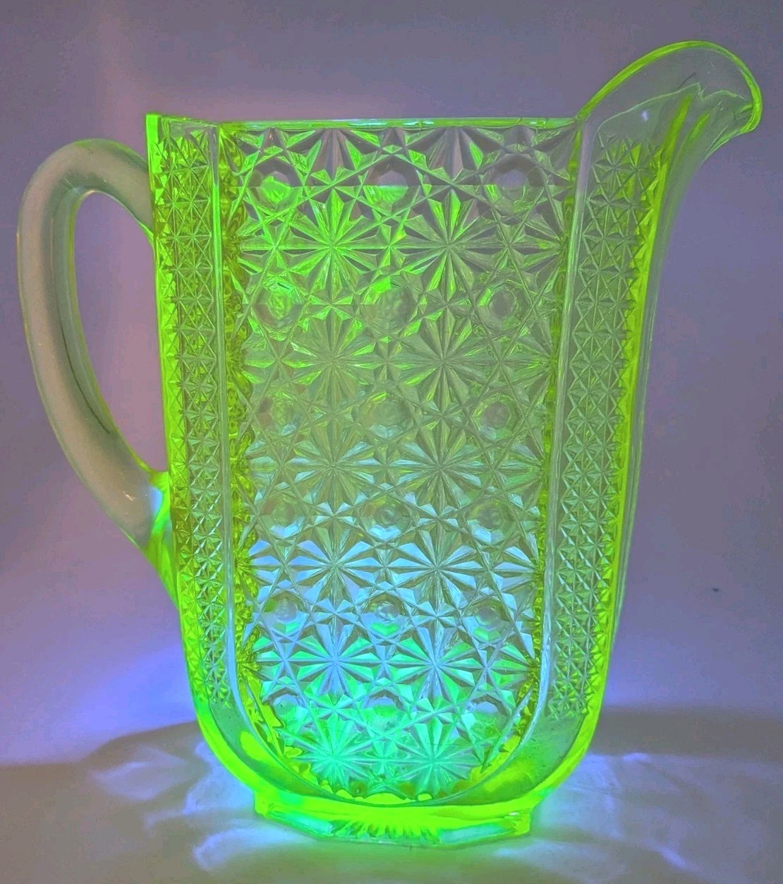 Antique ~1880s Vaseline Glass Water Pitcher Princess Fine Cut EAPG GLOWS 9 Antique ~1880s Vaseline Glass Water Pitcher Princess Fine Cut EAPG GLOWS 9