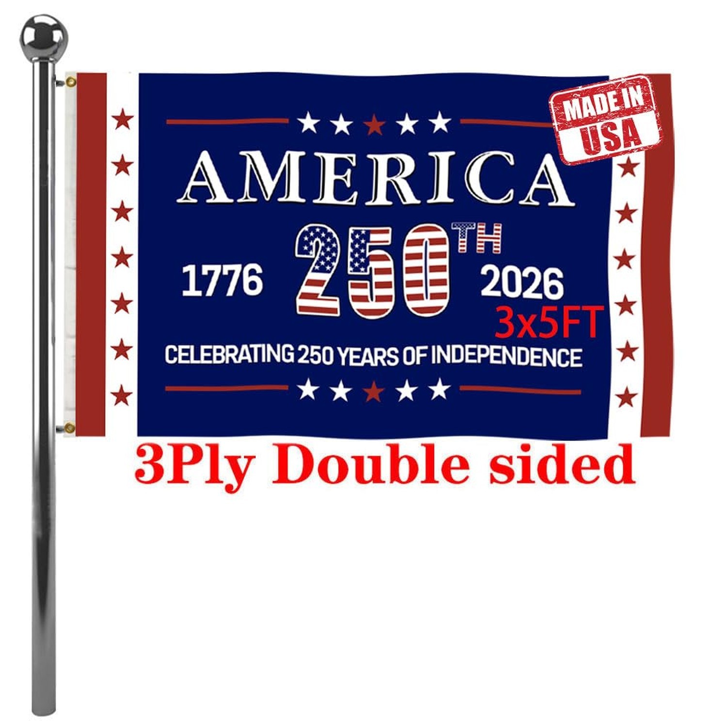 Jayus Double Sided 250th Anniversary American USA Flags 3x5 Outdoor- Vivid Co...