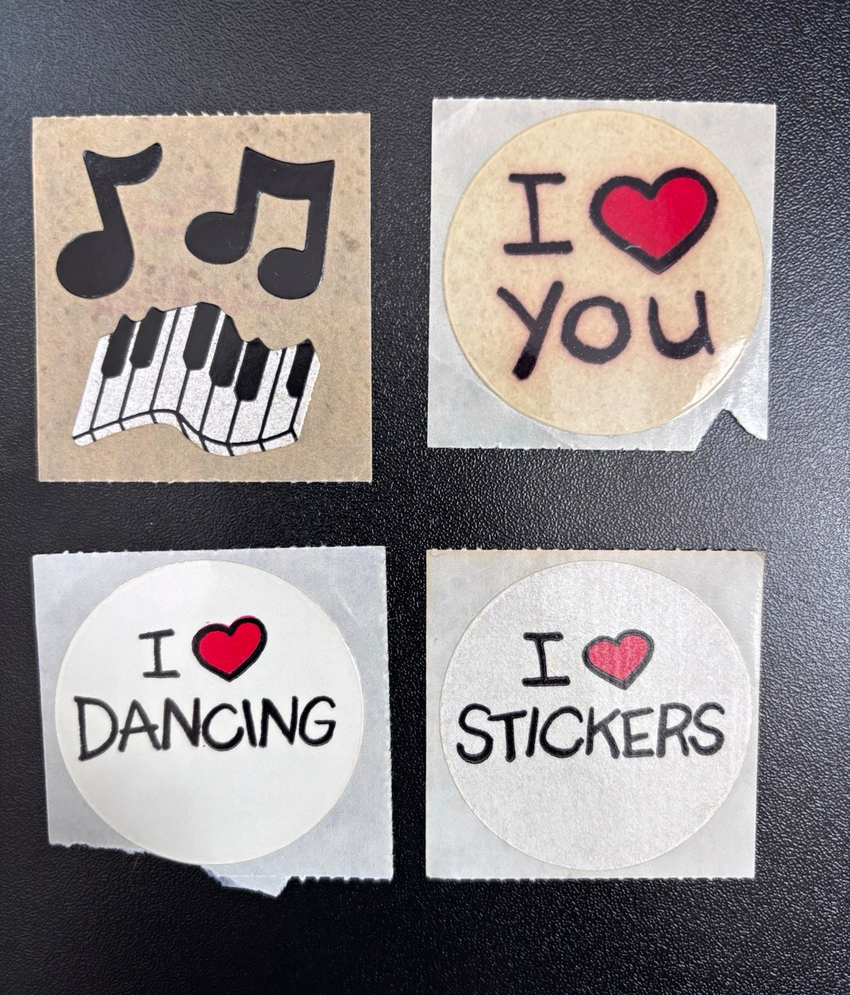 Vintage Lot of 4 80s RARE Stickers I Love You, Dancing, Stickers, Music Notes Vintage Lot of 4 80s RARE Stickers I Love You, Dancing, Stickers, Music Notes