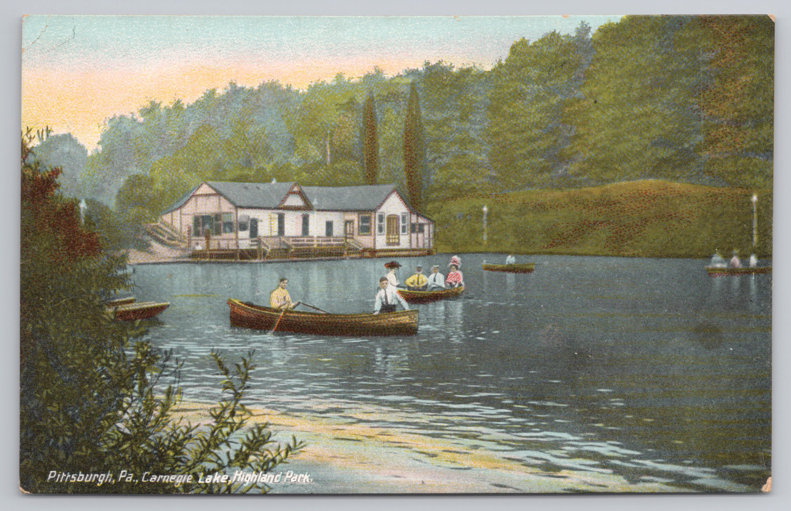 Postcard Carnegie Lake and Boat House at Highland Park in Pittsburgh, PA. Postcard Carnegie Lake and Boat House at Highland Park in Pittsburgh, PA.