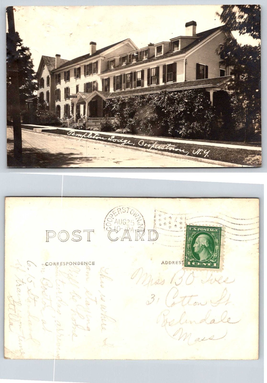 Templeton Lodge Cooperstown New York Building Tree Lined RPPC Postcard AZ170