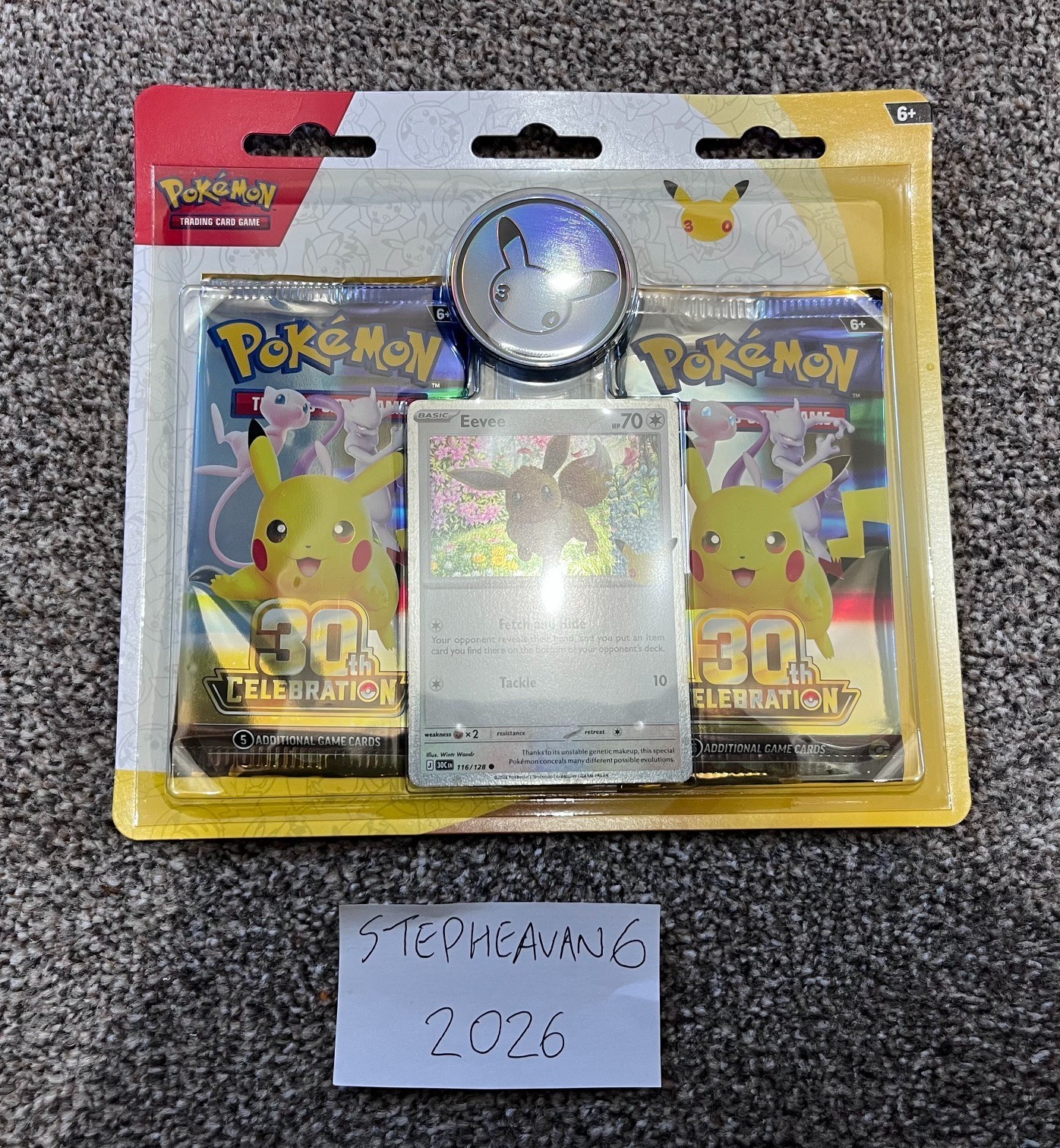 Pokémon TCG: 30th Celebration Eevee Card with 2 Booster Packs & Coin Sealed Pokémon TCG: 30th Celebration Eevee Card with 2 Booster Packs & Coin Sealed