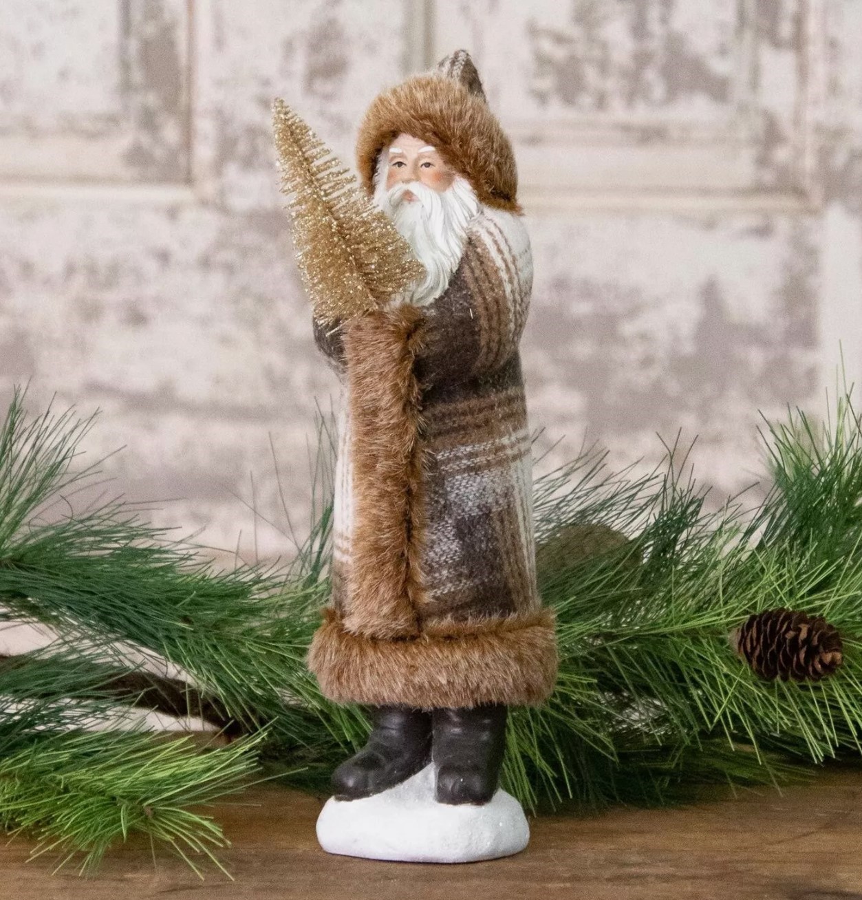 Primitive Belsnickle Brown White Plaid Santa Claus Holds Christmas Tree 10 Primitive Belsnickle Brown White Plaid Santa Claus Holds Christmas Tree 10