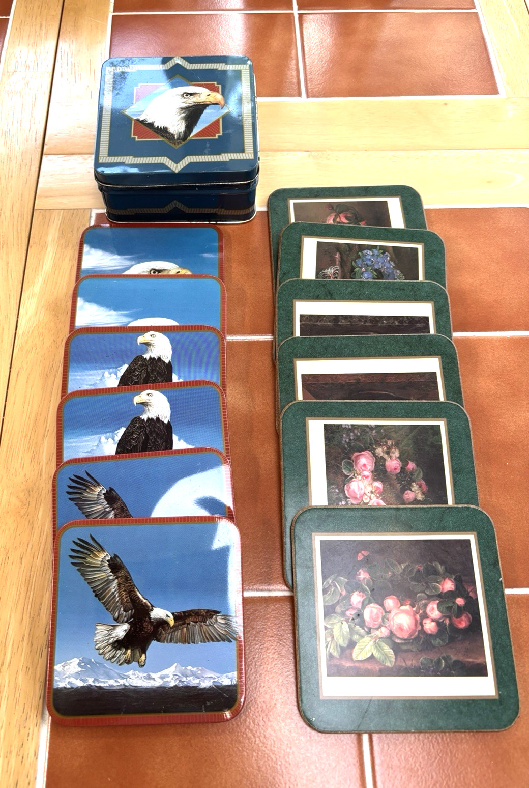 Vtg Enesco Eagle Coaster Set w/Tin Pimpernell Floral Cork Coasters Breweriana